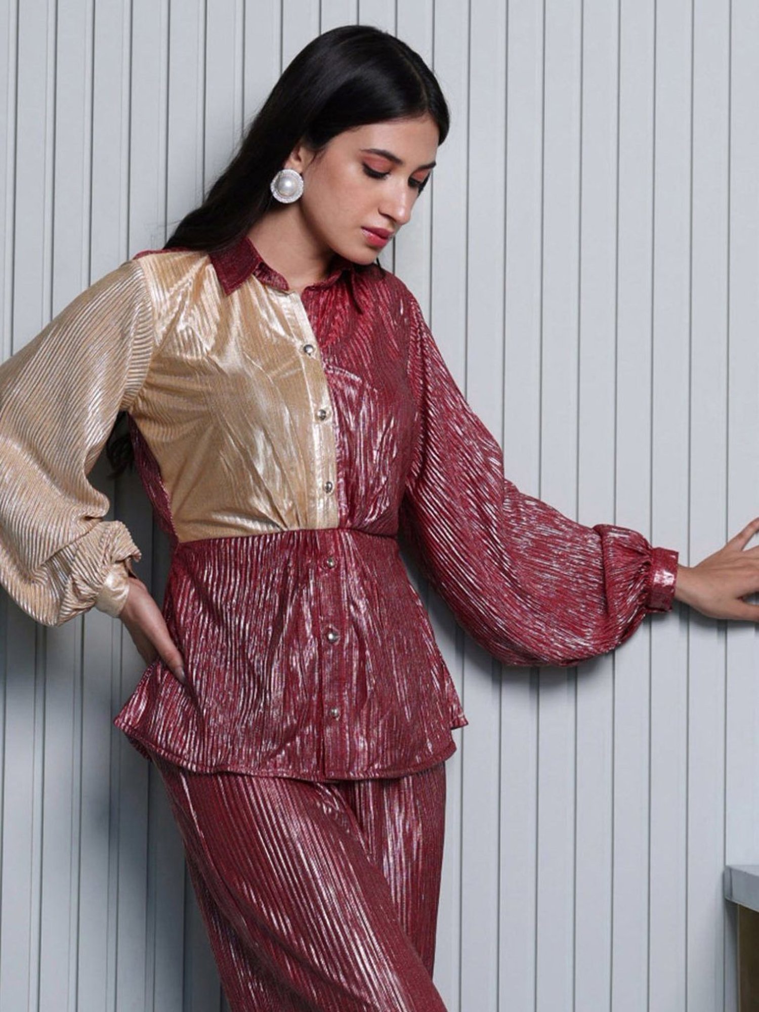 BInfinite Metallic Gold Garnet Pleated Shirt