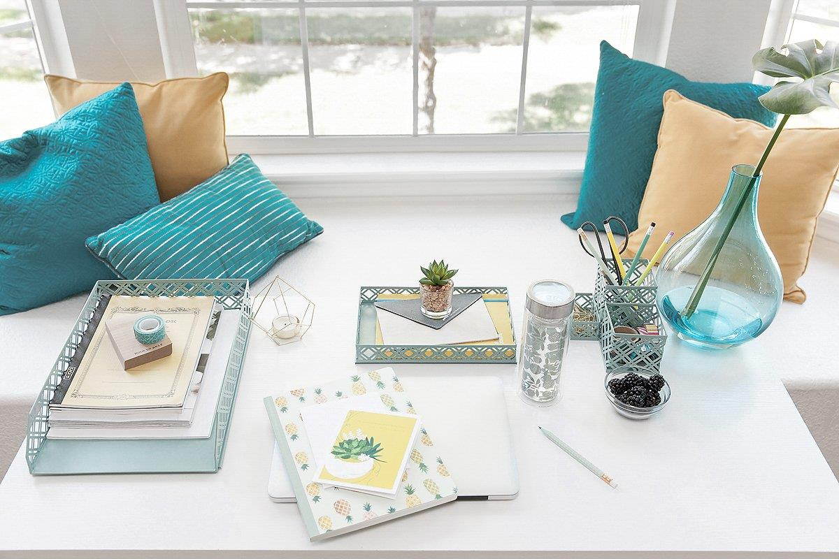 Blu Monaco Office Supplies Teal Blue Desk Organizers and Accessories-5 Piece Interlocking Cute Desk Organizer Set-Letter Tray-Pen Cup-3 Assorted Accessory Trays-Room Decor for Women and Teen Girls