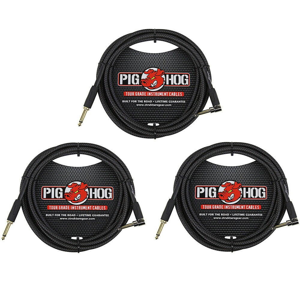 Pig Hog PC-H10BKR 1/4" Right-Angle Black Woven Instrument Cable, 10 Feet 3-Pack