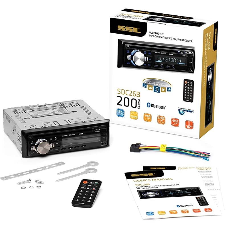 SDC26B Car Stereo Single Din Bluetooth Audio and HandsFree Calling Builtin Microphone MP3 Player CD USB Port AUX Input AMFM Radio Receiver Wireless Remote Control