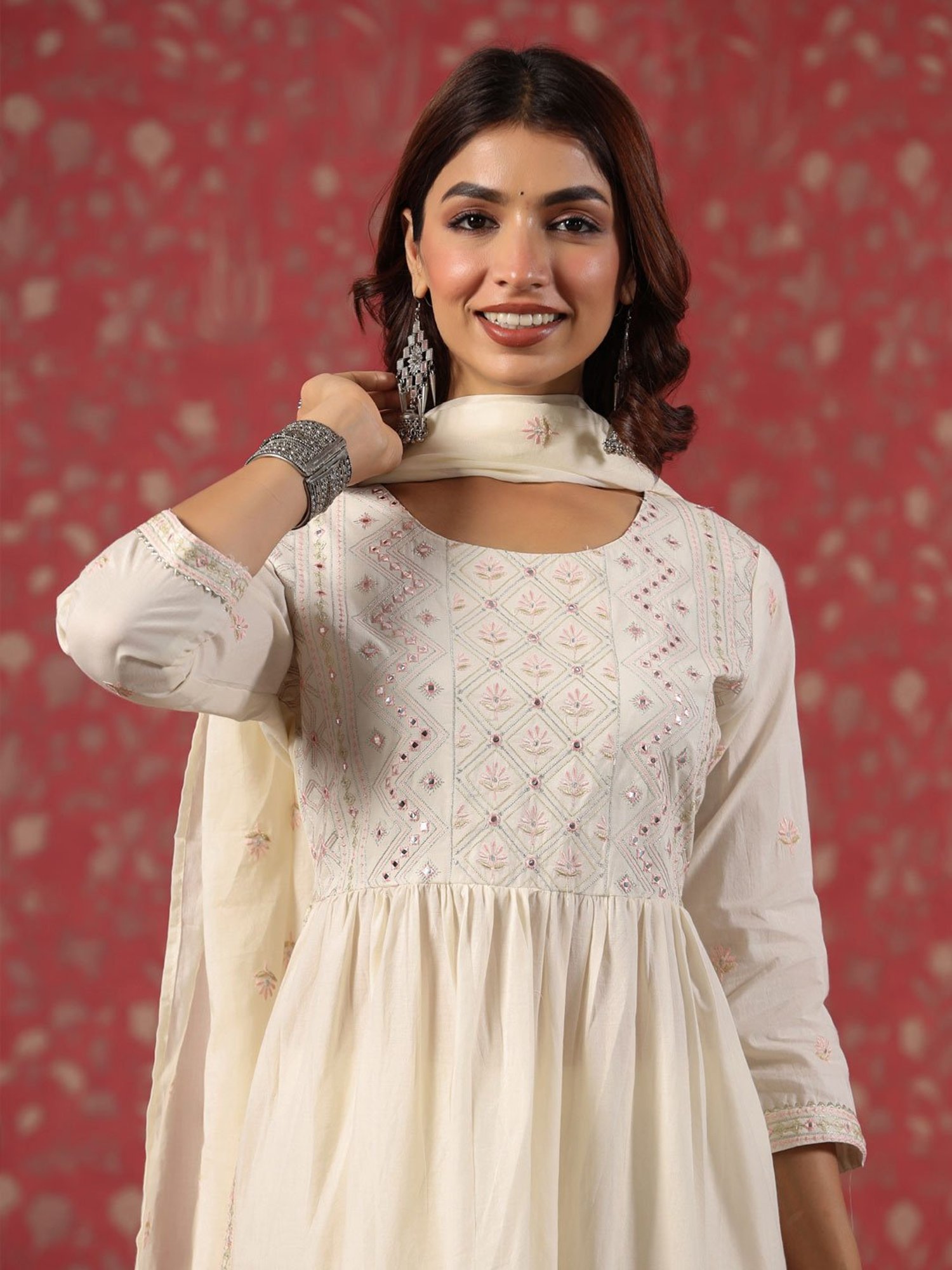 READIPRINT FASHIONS Beige Cotton Embroidered Kurta Pant Set With Dupatta