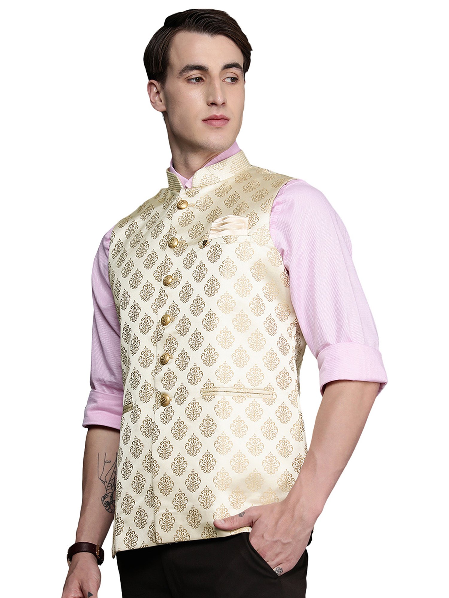 Manyavar Beige Mandarin Collar Nehru Jacket