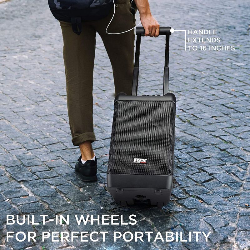 LyxPro Traveler Portable PA Speaker | 100W Rechargeable PA System w/ 8&rdquo; Woofer, Bluetooth, USB/SD Card Reader, LCD Screen & Inputs for Mic, XLR, RCA & Lines | Perfect for Karaoke, Presentations, Etc.