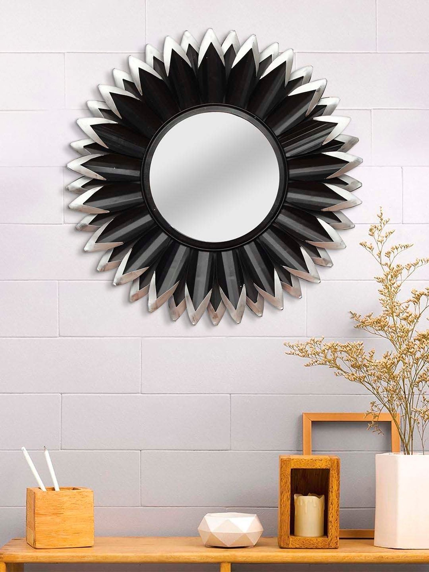 CHRONIKLE Black Iron Sun Burst Style Round Wall Mirror