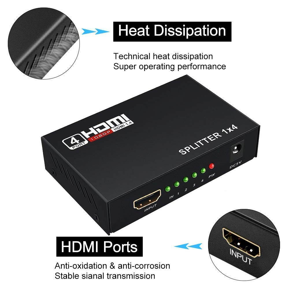 HDMI Splitter 1 in 2 3 4 Out 4K@30HZ, CORN 4K V1.4 HDCP Powered Hdmi Video Splitter with AC Adaptor 1 Input to 4 Outputs, Supports 3D 4K HD1080P for PS4 XboxRoku Blu-Ray Player Apple TV HDTV