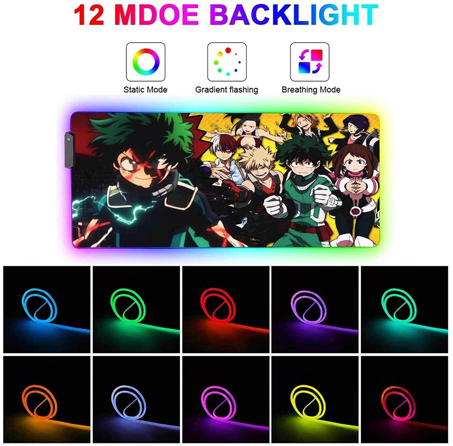 Gaming Mouse Pad RGB Anime My Hero Academia Deku And Heroes,Mousepad With 12 Lighting Modes & Non-Slip Rubber Base-3Mm Thick-Laptop Glowing Desk Pad-Computer Keyboard And Mice Combo Pads Mat 23.6X13.8