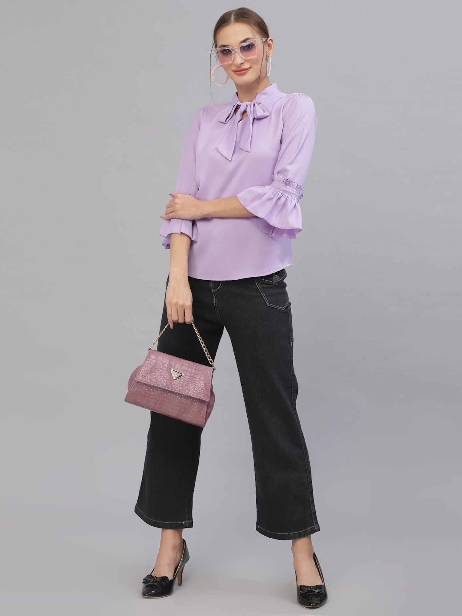 Style Quotient Women Solid Lilac Polymoss Regular smart casual Top
