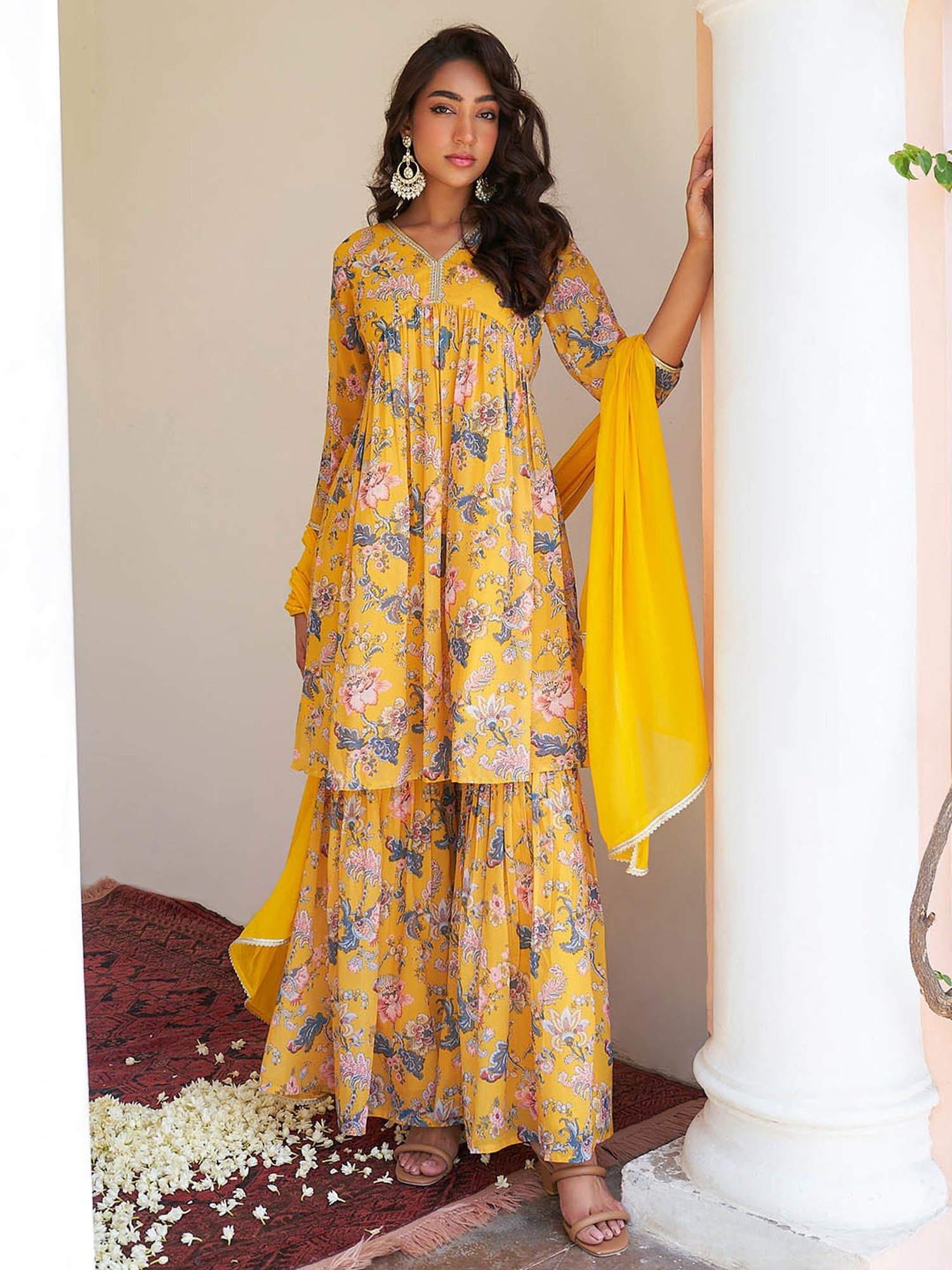 Janasya Yellow Floral Print Kurta With Sharara & Dupatta