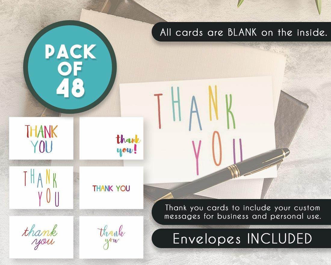 Thank You Cards - 48-Count Thank You Notes, Bulk Thank You Cards Set - Blank on the Inside, 6 Colorful Rainbow Font Designs - Includes Thank You Cards and Envelopes, 4 x 6 Inches
