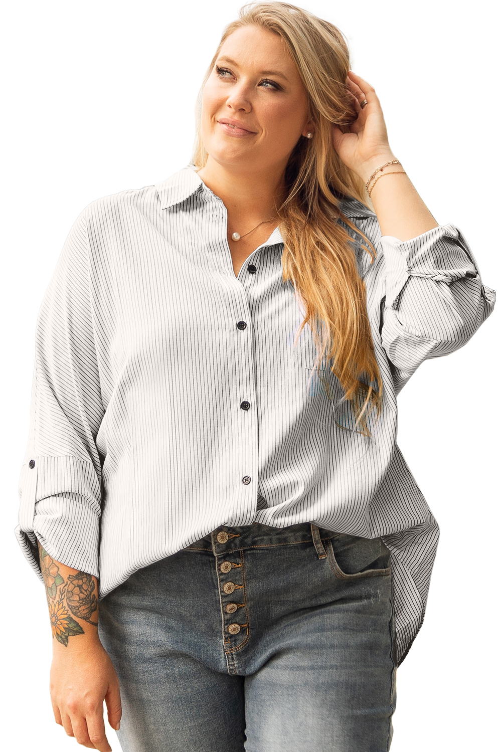 White Stripe Rolled Tab Sleeve Buttoned Plus Size Shirt
