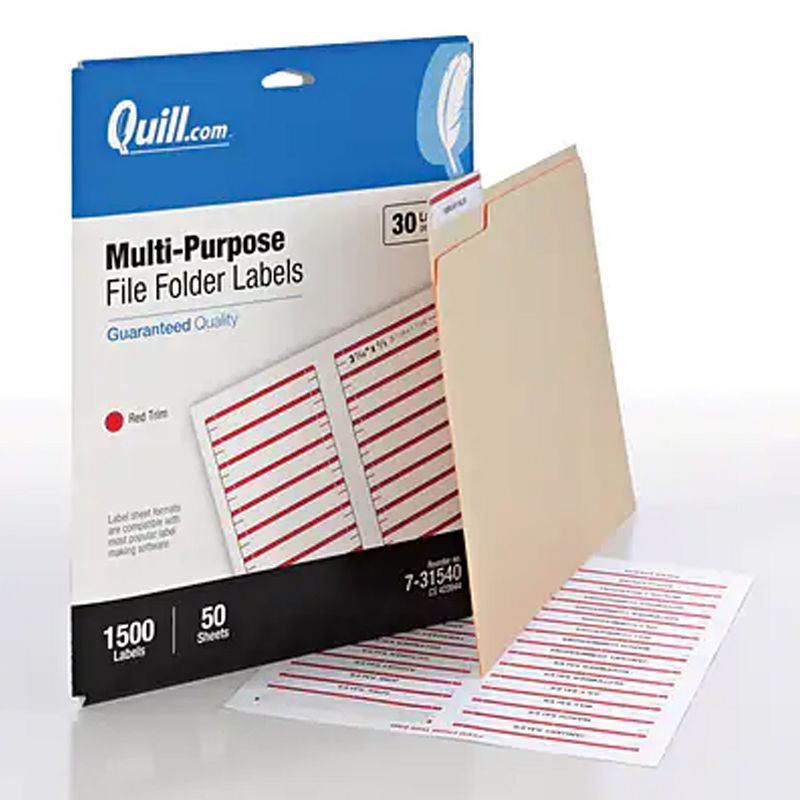Quill Brand Laser/Inkjet File Folder Labels, 2/3" x 3-7/16", Red, 30 Labels/Sheet 731540
