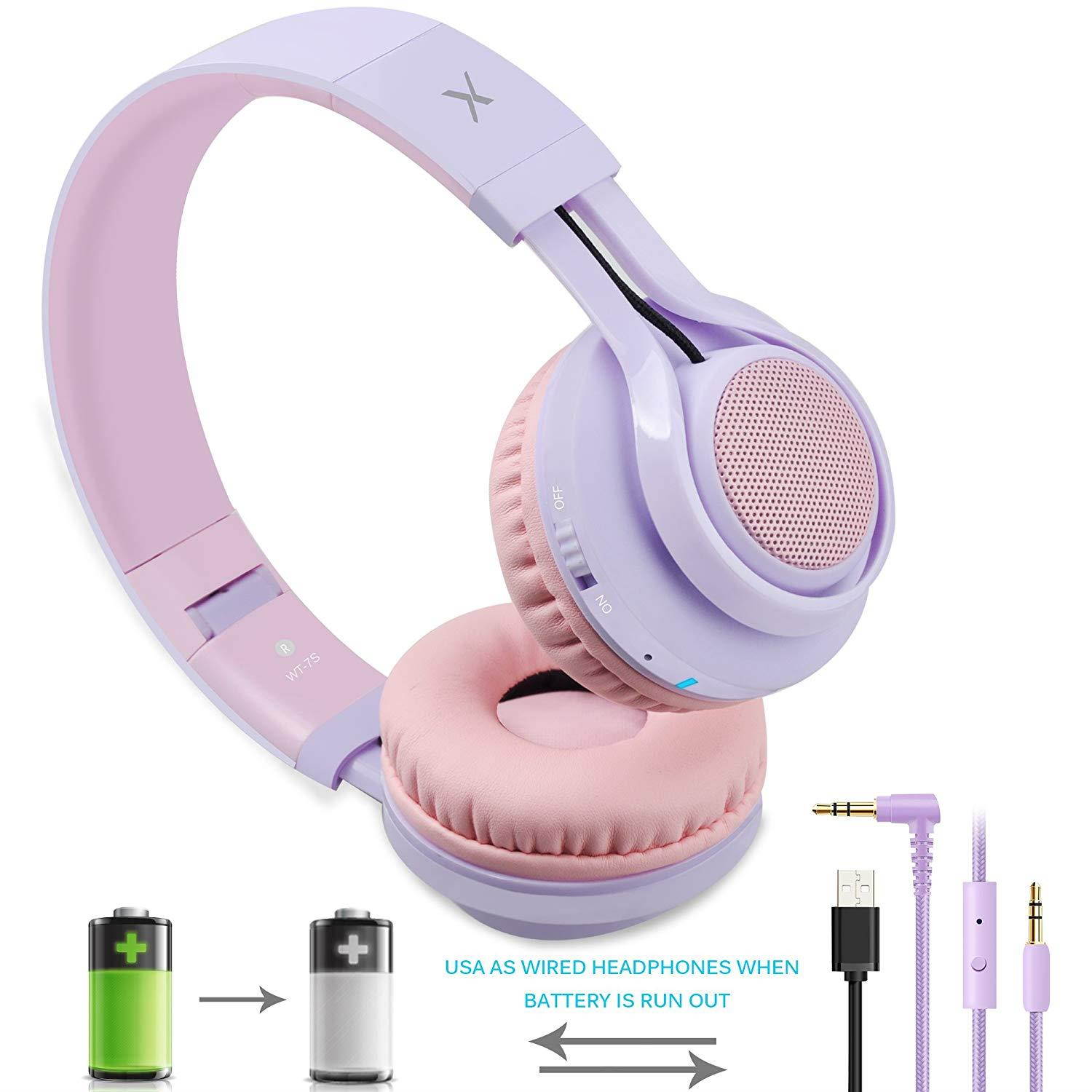 Riwbox WT-7S Bluetooth Headphones Light Up, Foldable Stero Wireless Headset with Microphone and Volume Control for PC/Cell Phones/TV/ iPad (Purple)