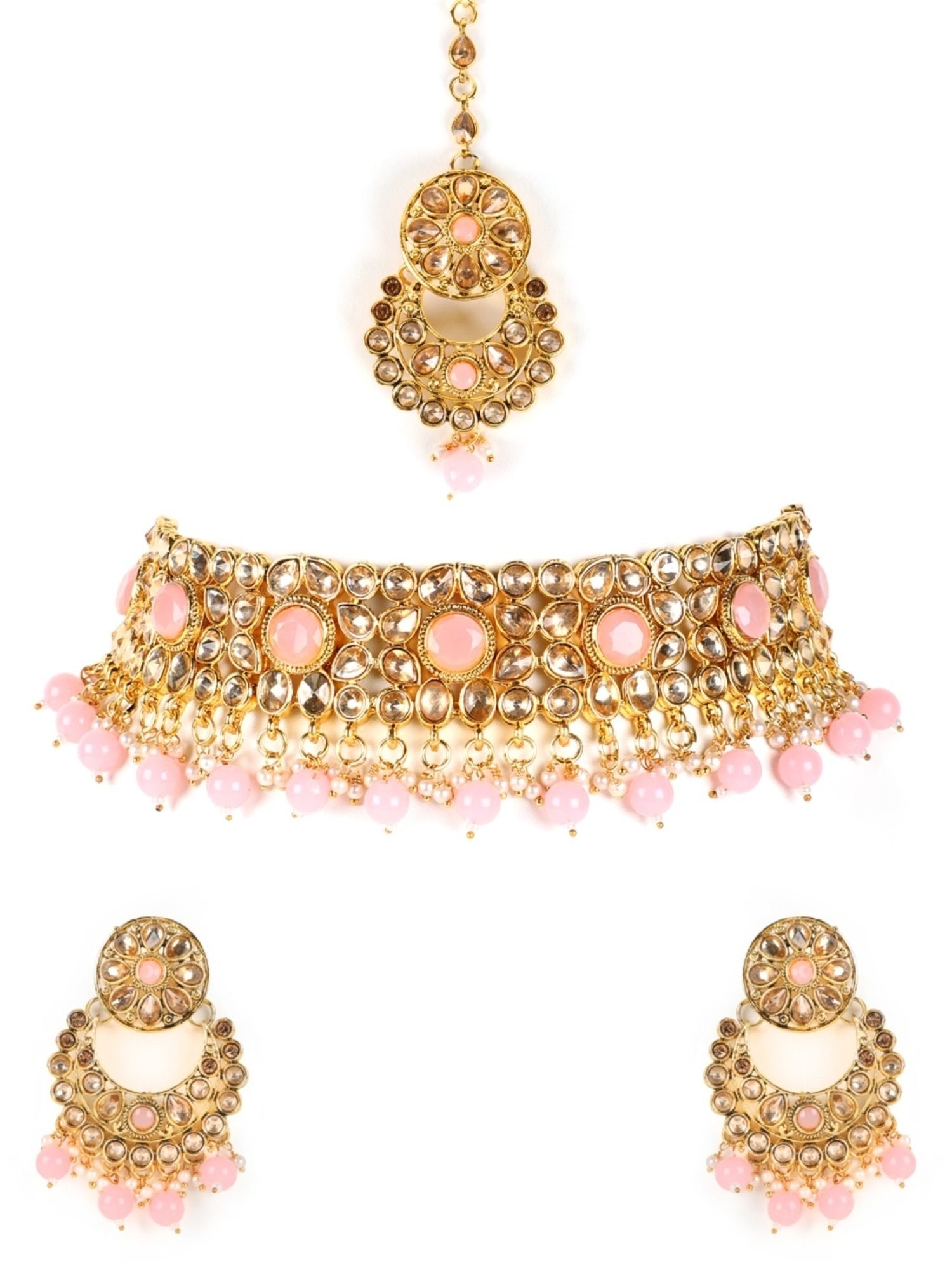 Aatmana White & Pink Pearls Kundan Beads Gold-Plated Necklace Set with MaangTikka for Women