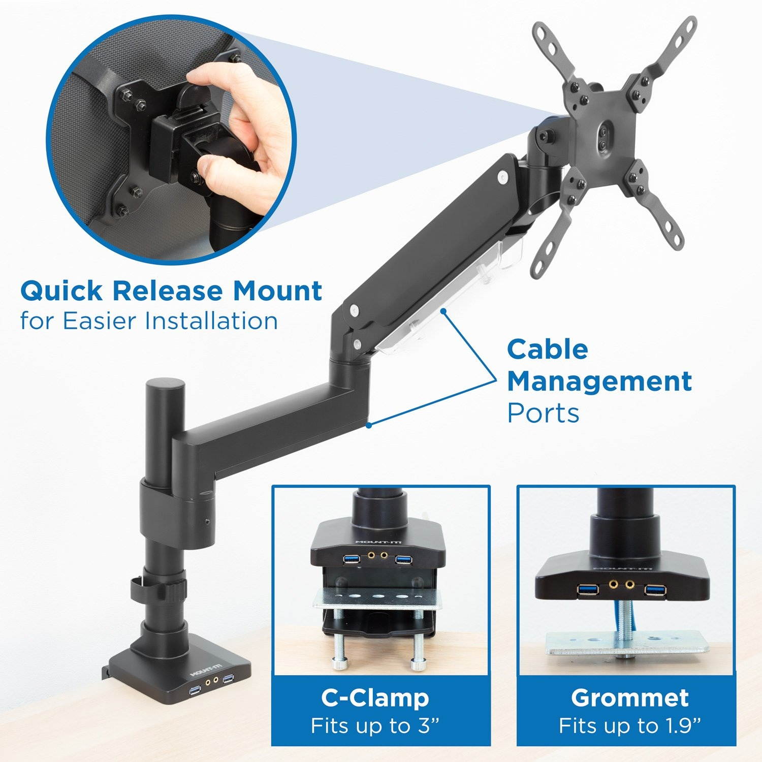 Mount-It! Single Monitor Arm Desk Mount | 35" Max Screen Size | Built In USB and Aux Ports