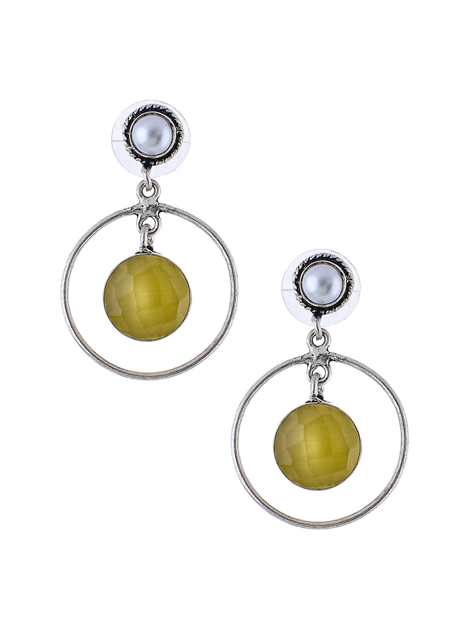 Imli Street Yellow-White Silver Tone Stone-Studded Handcrafted Drop Earrings