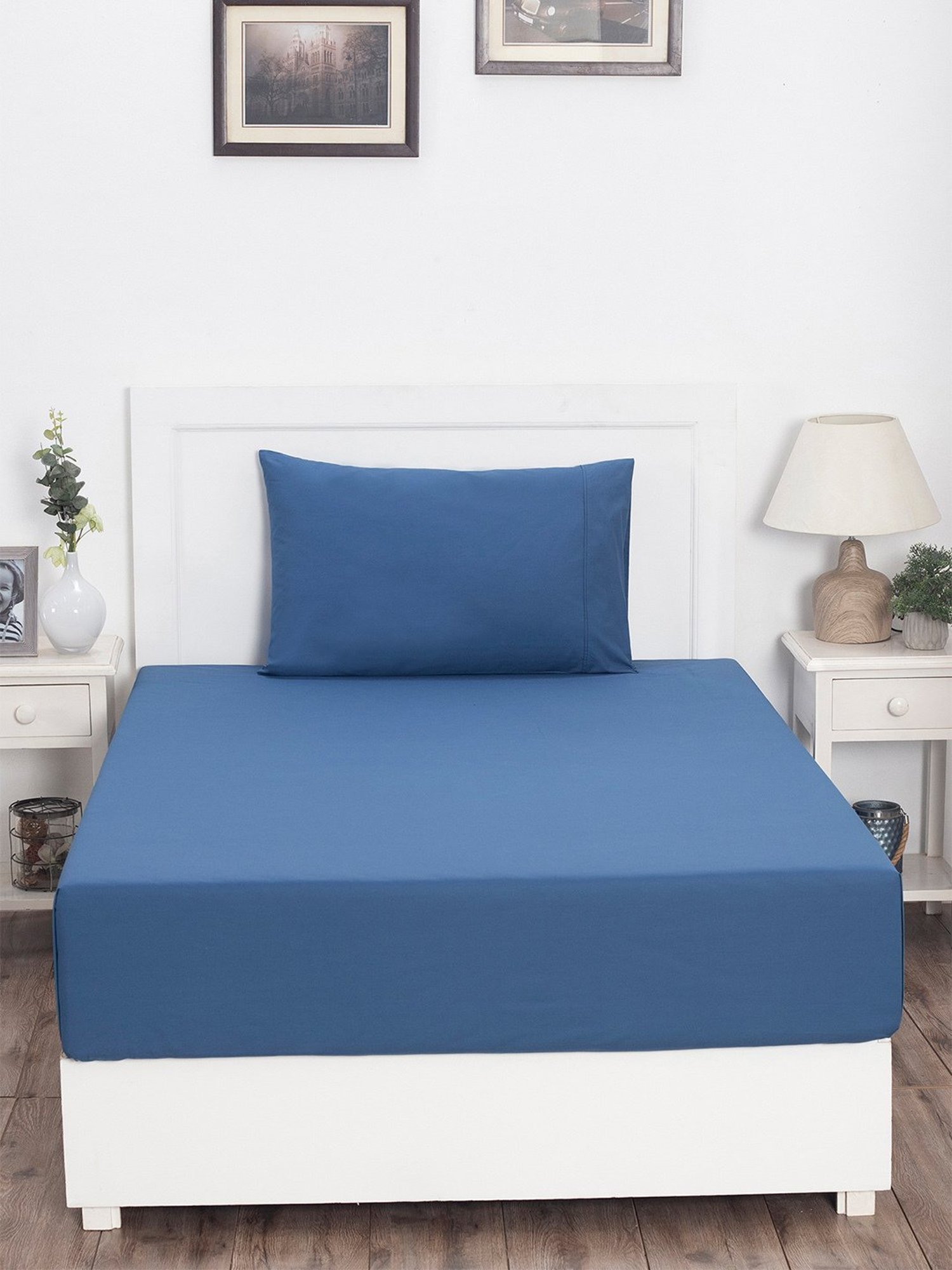 Maspar Colorart Slumber Blue 200 TC Cotton Single Size Bed Sheet with 1 Pillow Cover