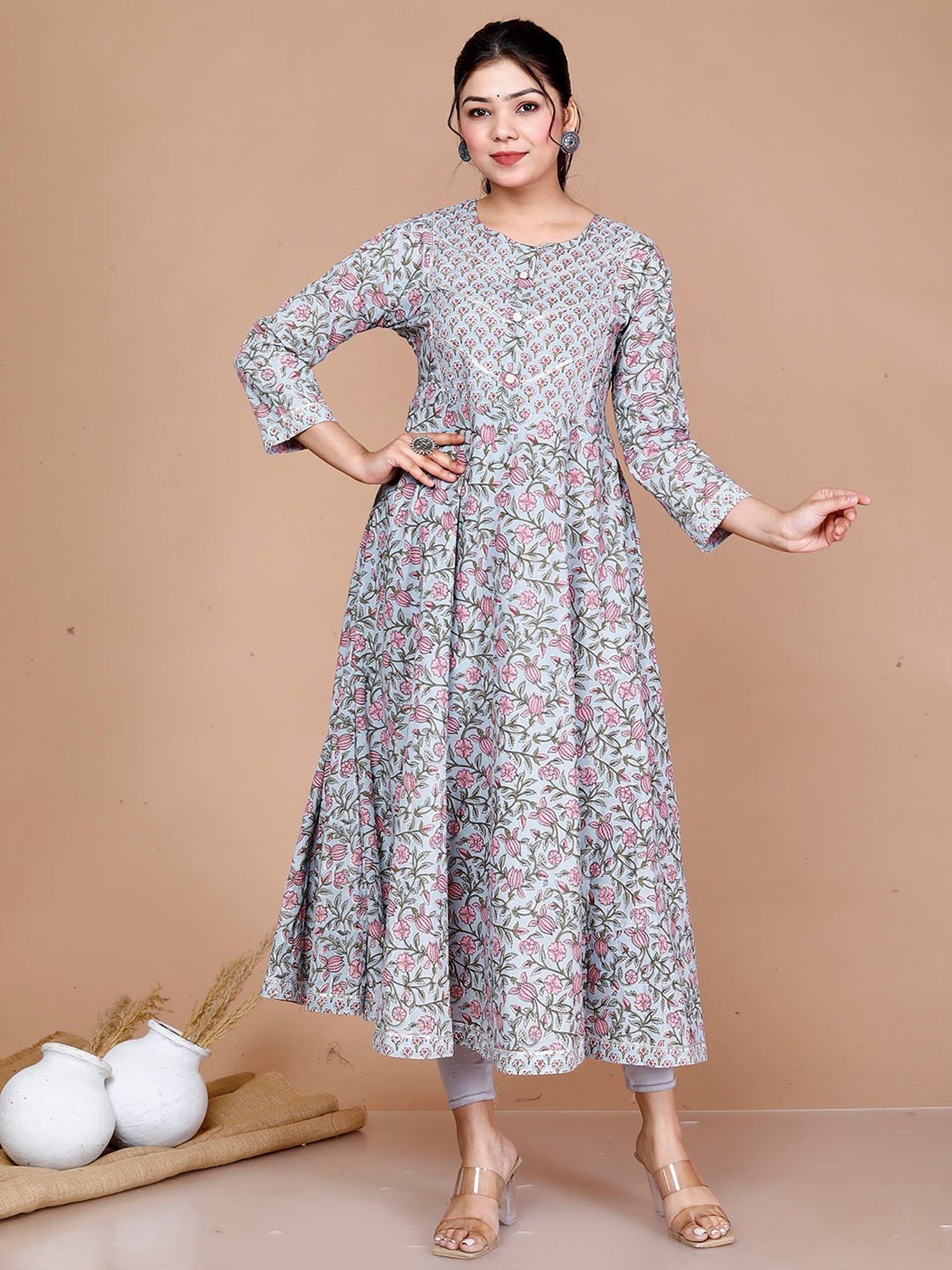 Miravan Light Blue Floral Print Fit & Flare Kurta