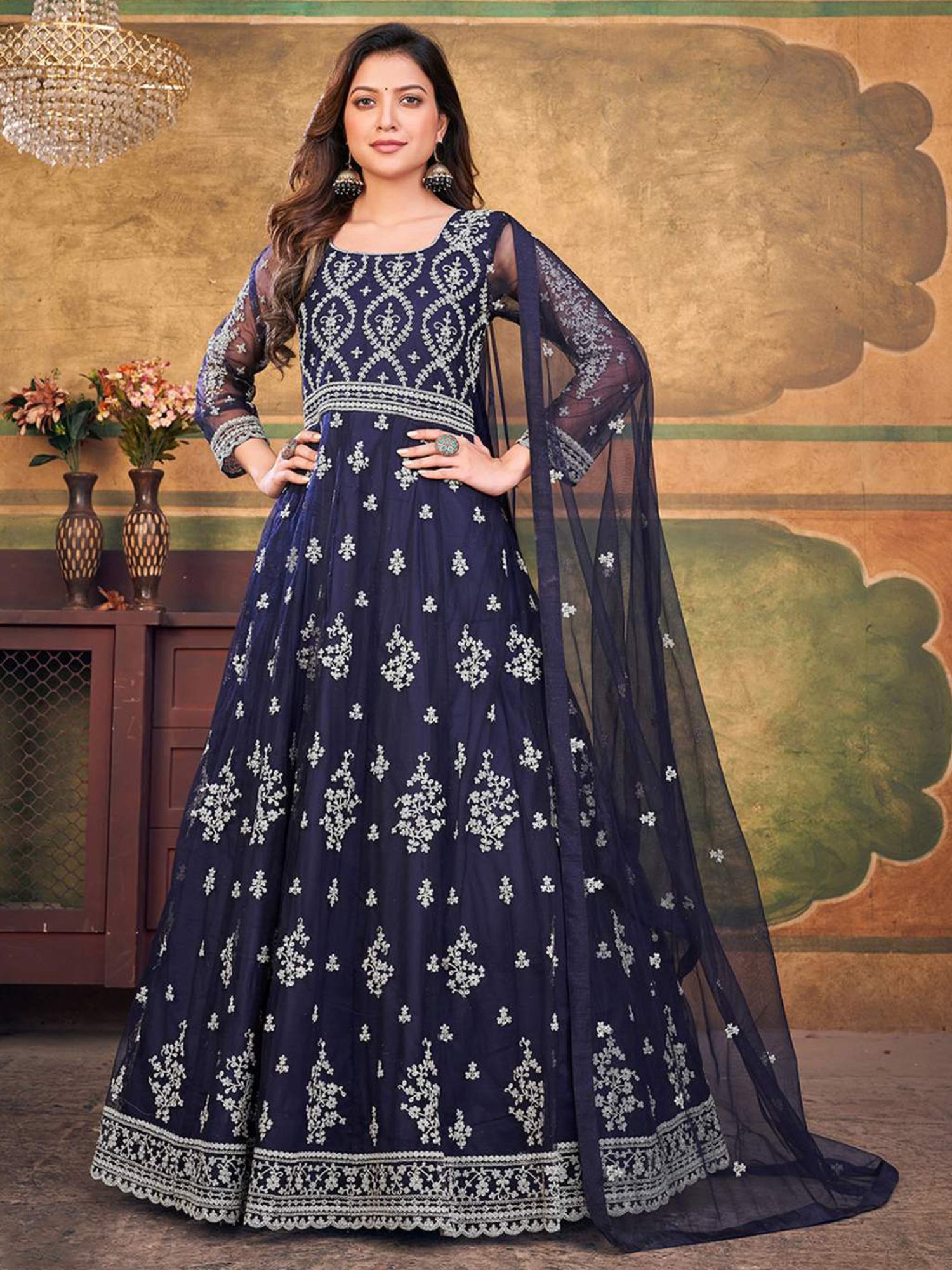 Odette Navy Embroidered Unstitched Dress Material