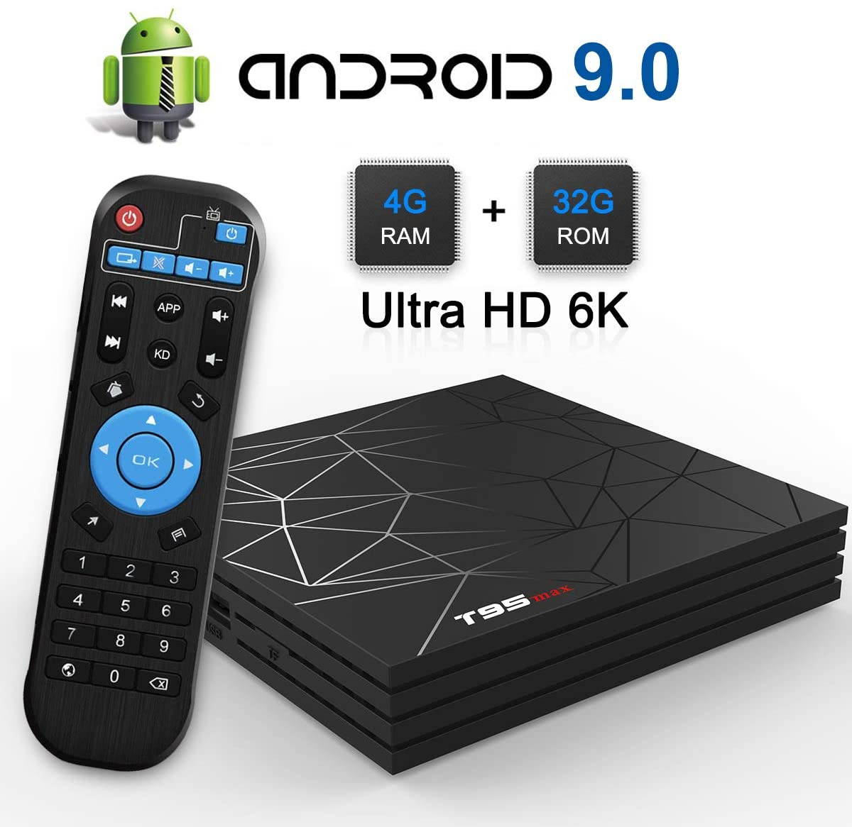 TV Box, TUREWELL T95 Max Android 9.0 TV Box Chip H6 Quad-core Cortex-A53 4GB RAM 32GB ROM Smart TV Box Support 3D 6K Ultra HD H.265 2.4GHz WiFi Ethernet HDMI