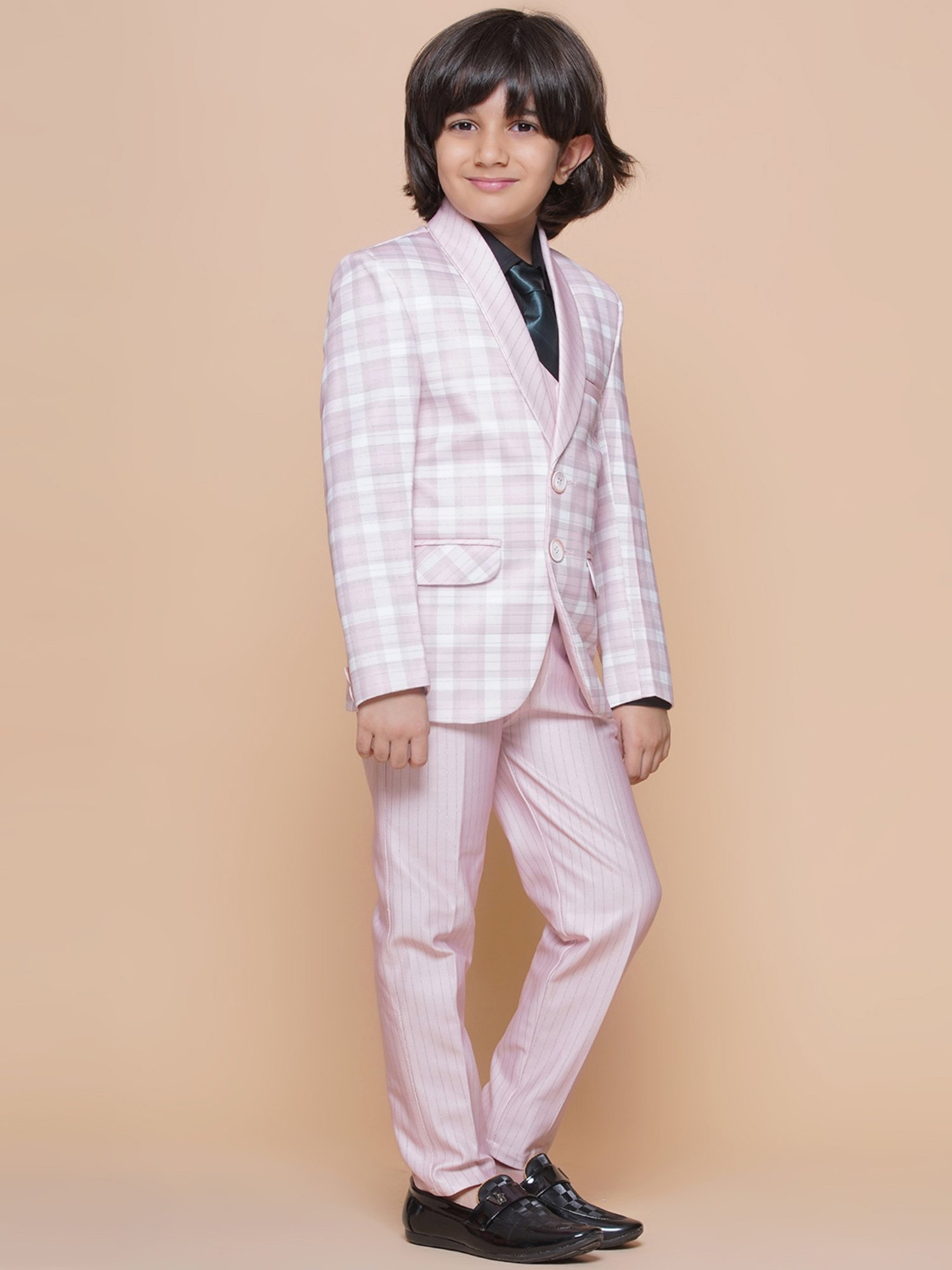 AJ Dezines Kids Light Pink Checks Full Sleeves Shirt, Pants, Coat, Waistcoat with Tie