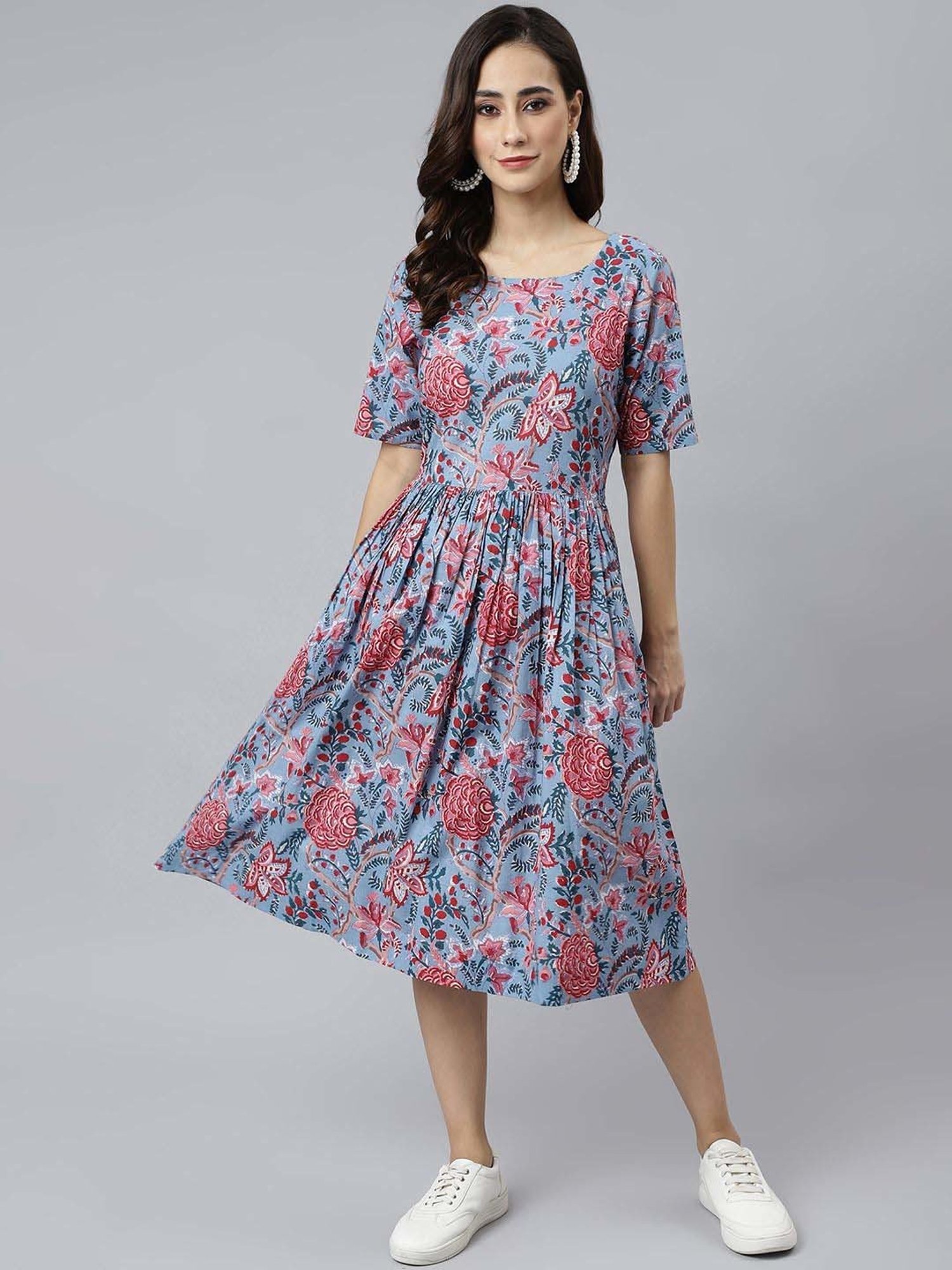 Janasya Blue Cotton Floral Print A-Line Dress