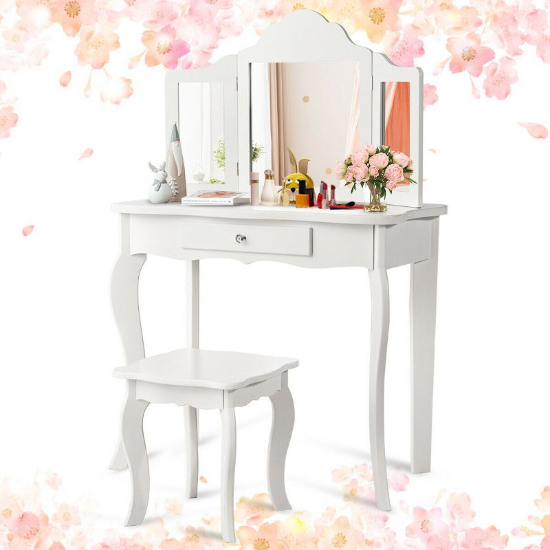 Costway Vanity Table Set Makeup Dressing Table Kids Stool Mirror