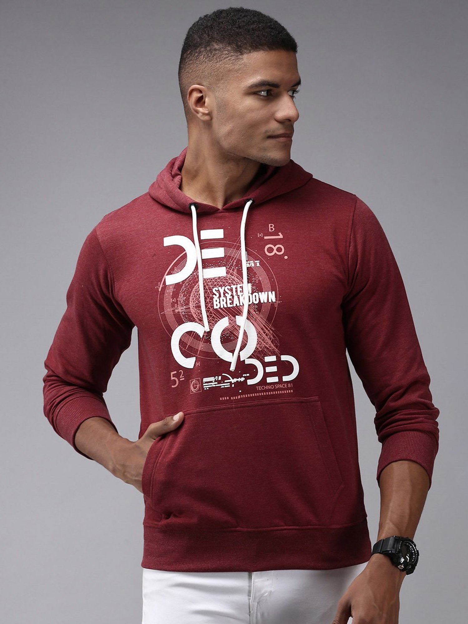 Showoff Maroon Cotton Regular Fit Printed Hooded Sweatshirt