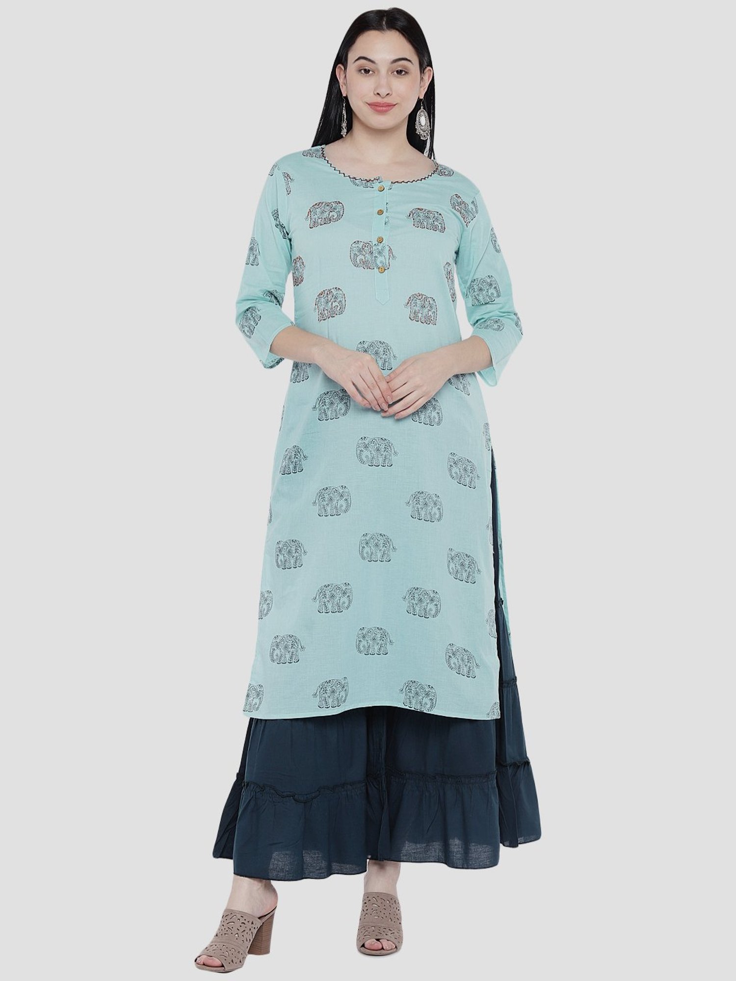 Sringam Blue Cotton Printed Kurta Sharara Set