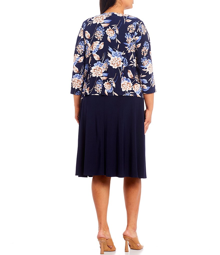 Jessica Howard Plus Size Crew Neck 3/4 Sleeve Printed Trapeze Dress