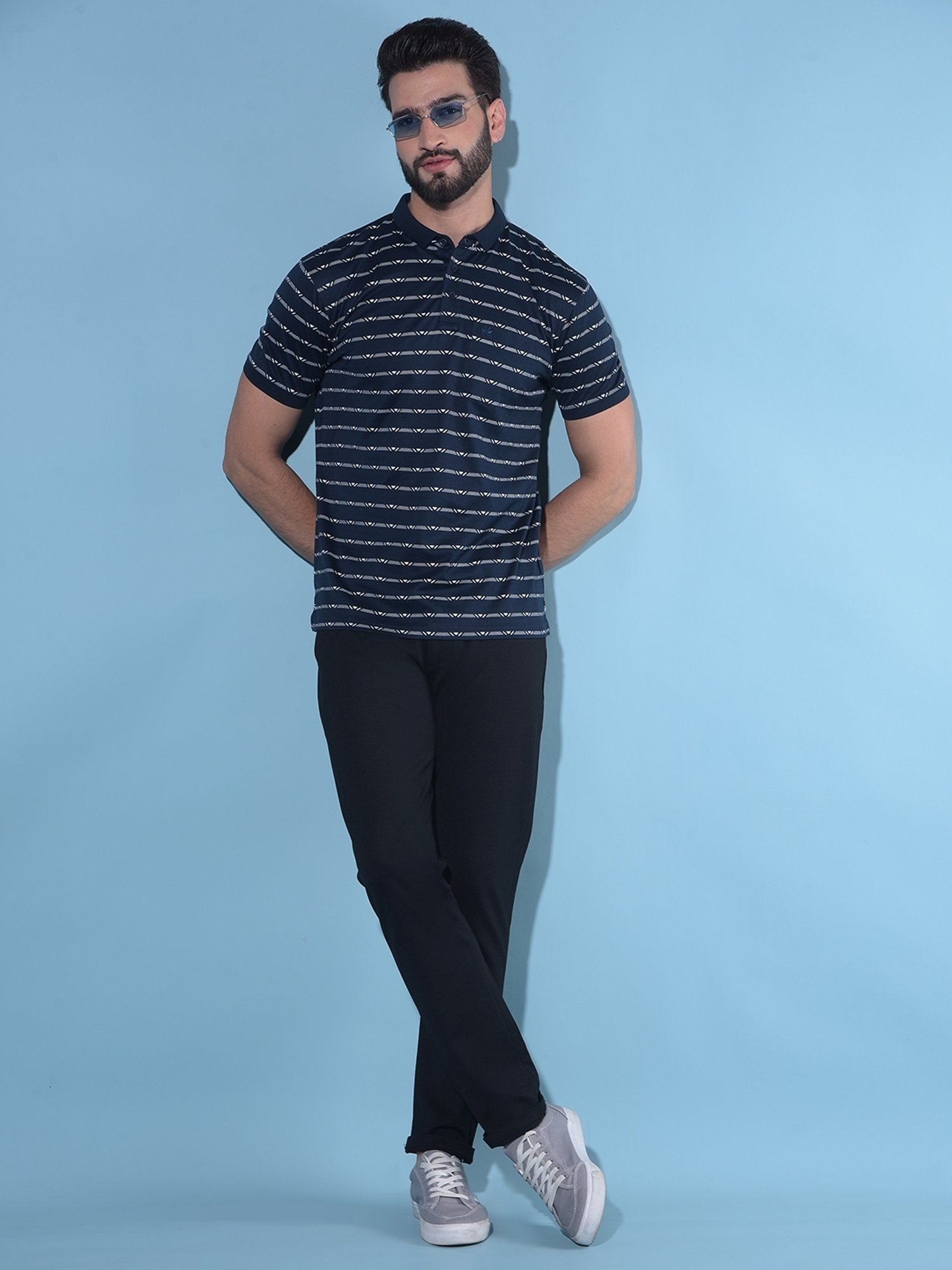 Crimsoune Club Navy Blue Cotton Slim Fit Striped Polo T-Shirt