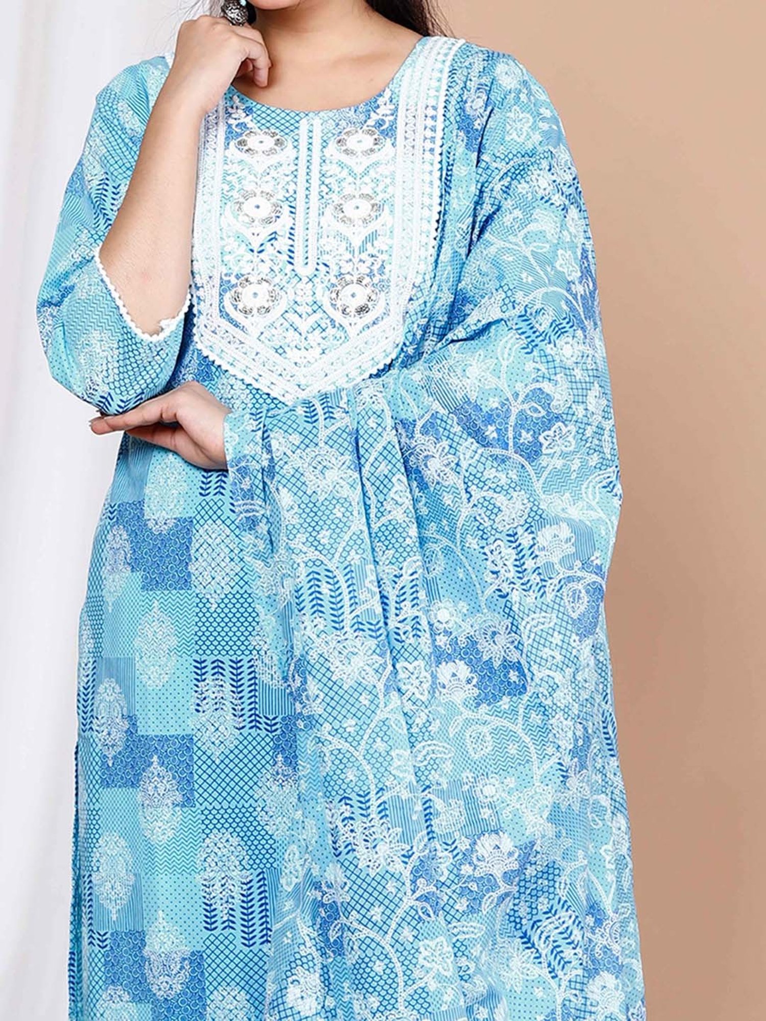 Miravan Blue Printed Kurta With Palazzo & Dupatta