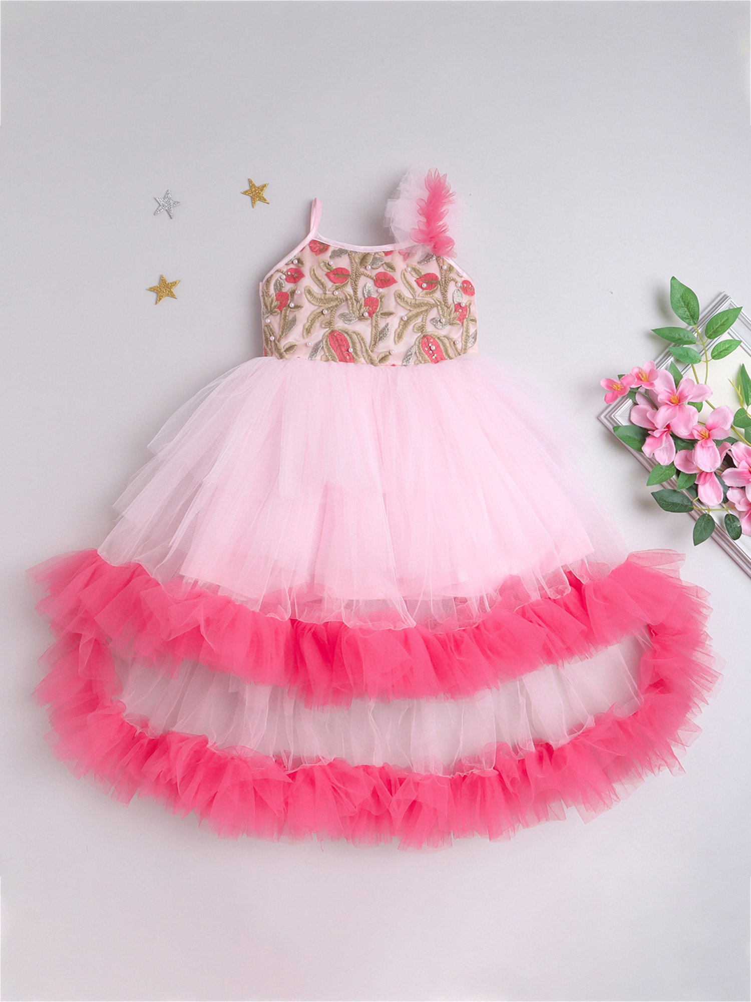 Many Frocks Kids Pink Embellished Gown