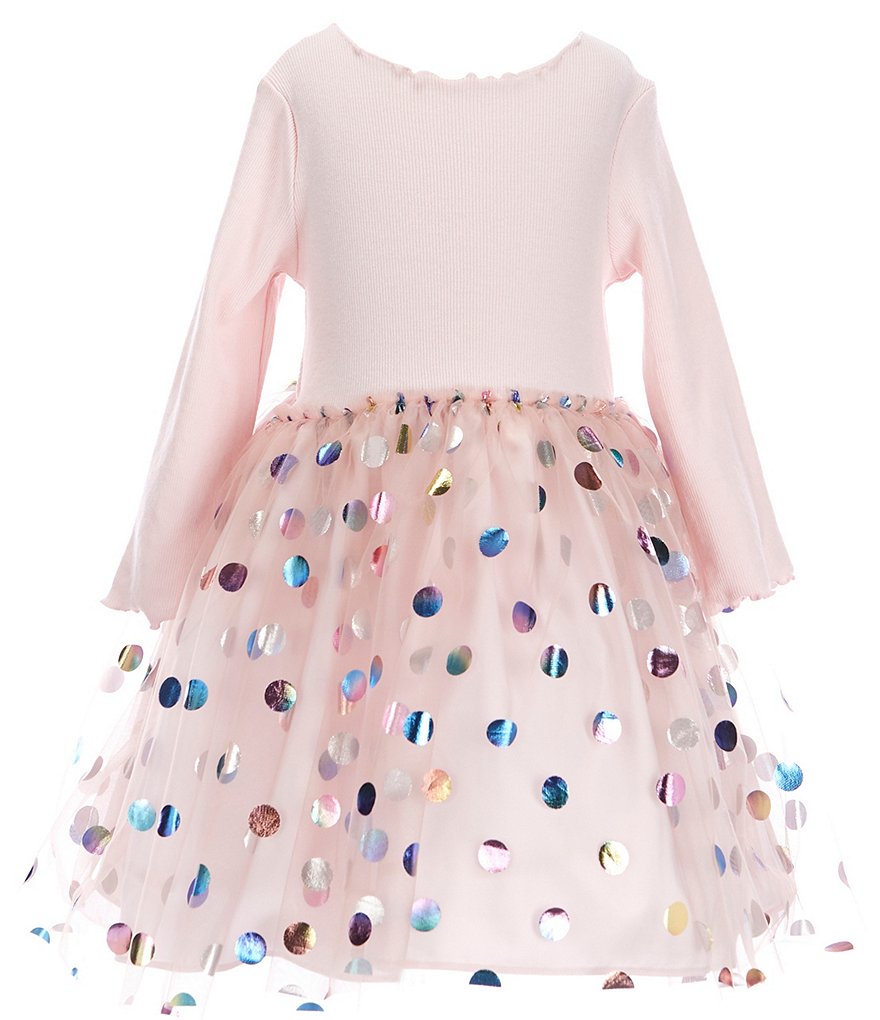 Pippa & Julie Little Girls 2T-6X Long-Sleeve Rib-Knit Bodice/Foiled-Dot Mesh Skirted Mesh Dress