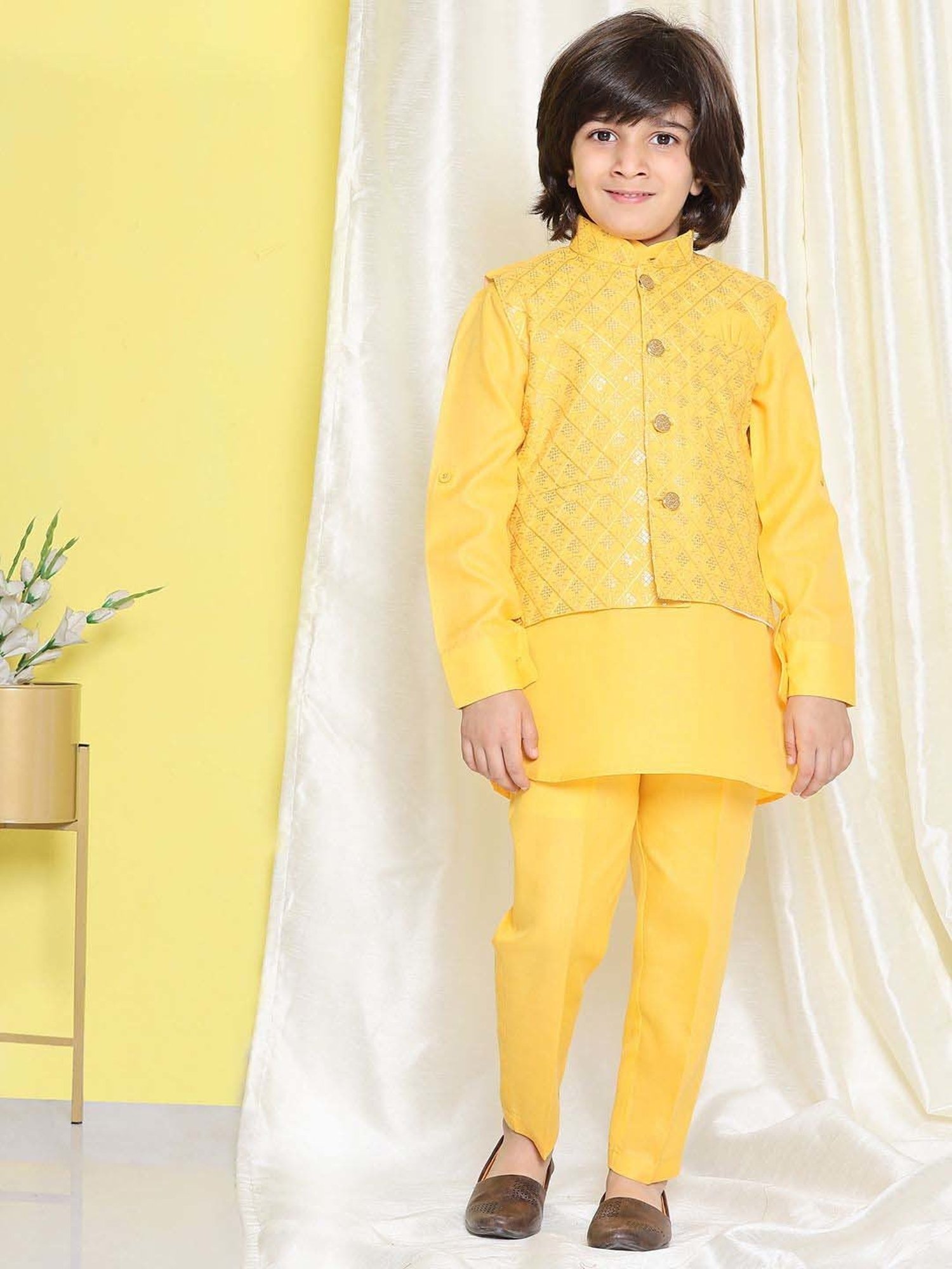 AJ Dezines Kids Yellow Cotton Embroidered Full Sleeves Kurta Set