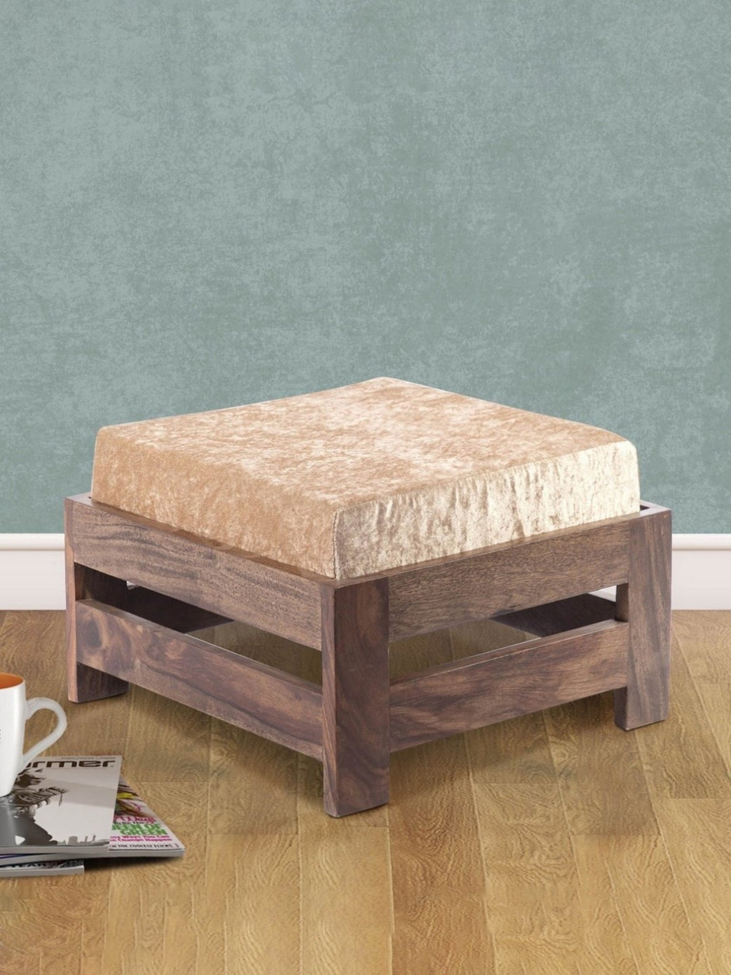 Chumbak French Sahara Solid Mustard Yellow Wood Ottoman