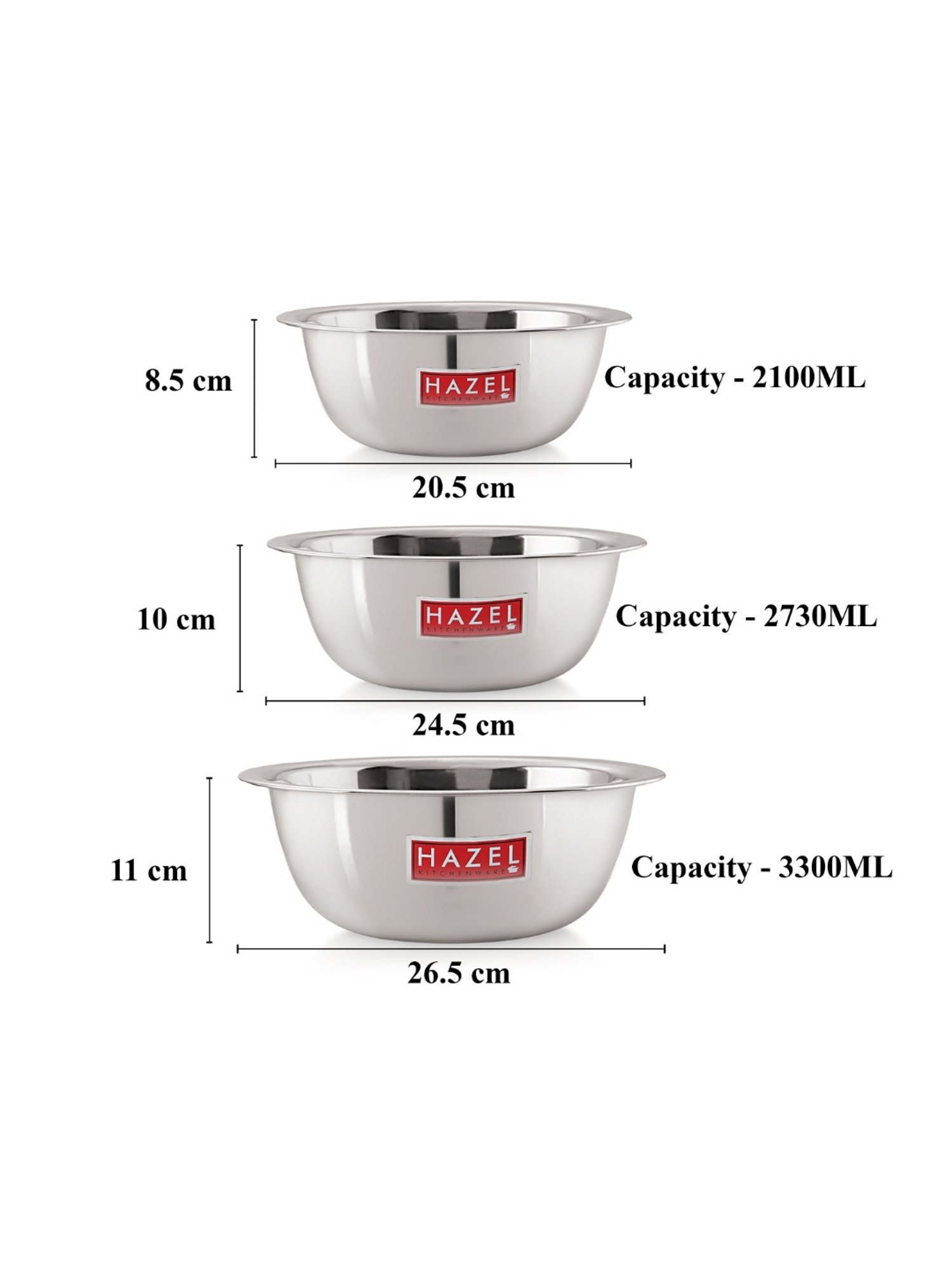 HAZEL Silver Stainless Steel Mixing Bowl - Set of 3 (2.1L)