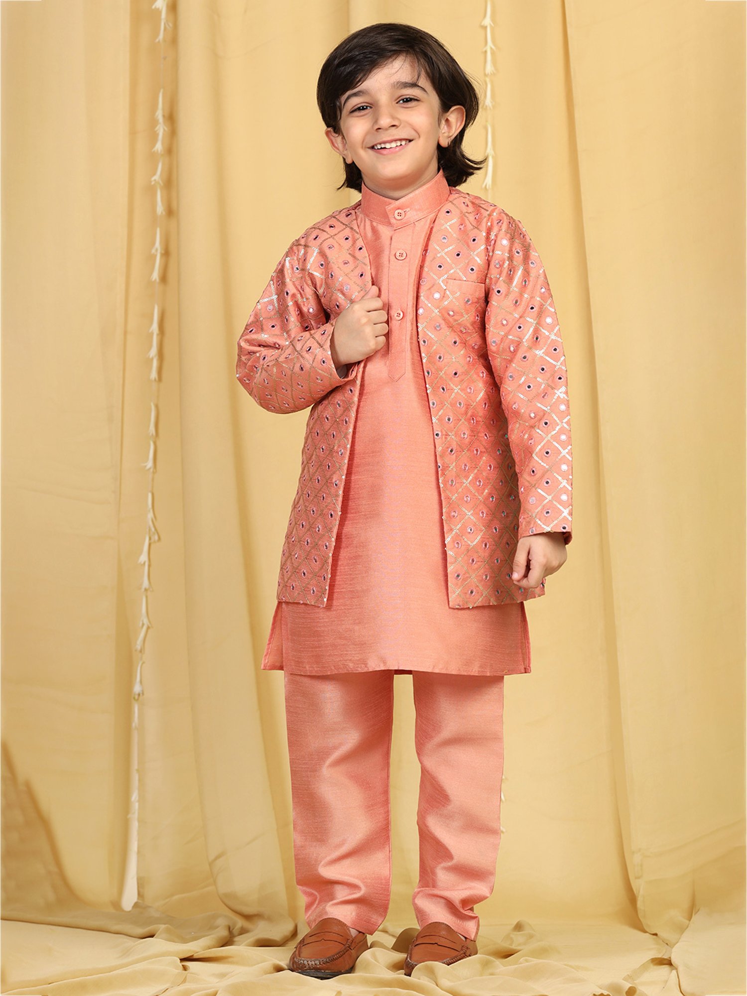 AJ Dezines Kids Peach Embellished Full Sleeves Kurta, Pyjamas with Jacket