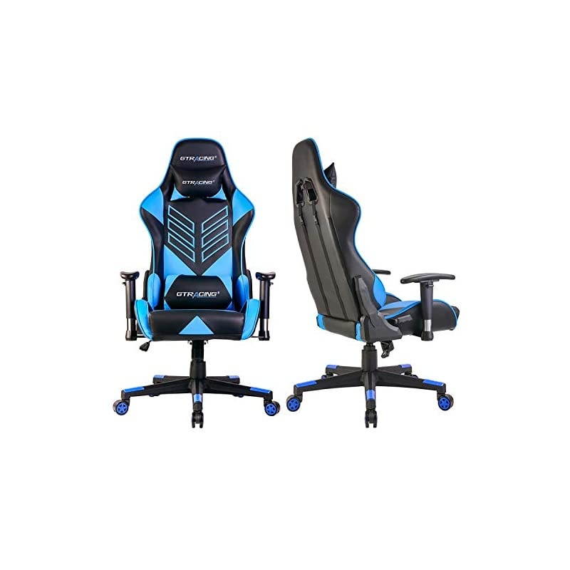 Chair Racing Office Chair Pu Leather High Back Computer Desk Chair Ergonomic Swivel Chair with Headrest and Lumbar Support Blue