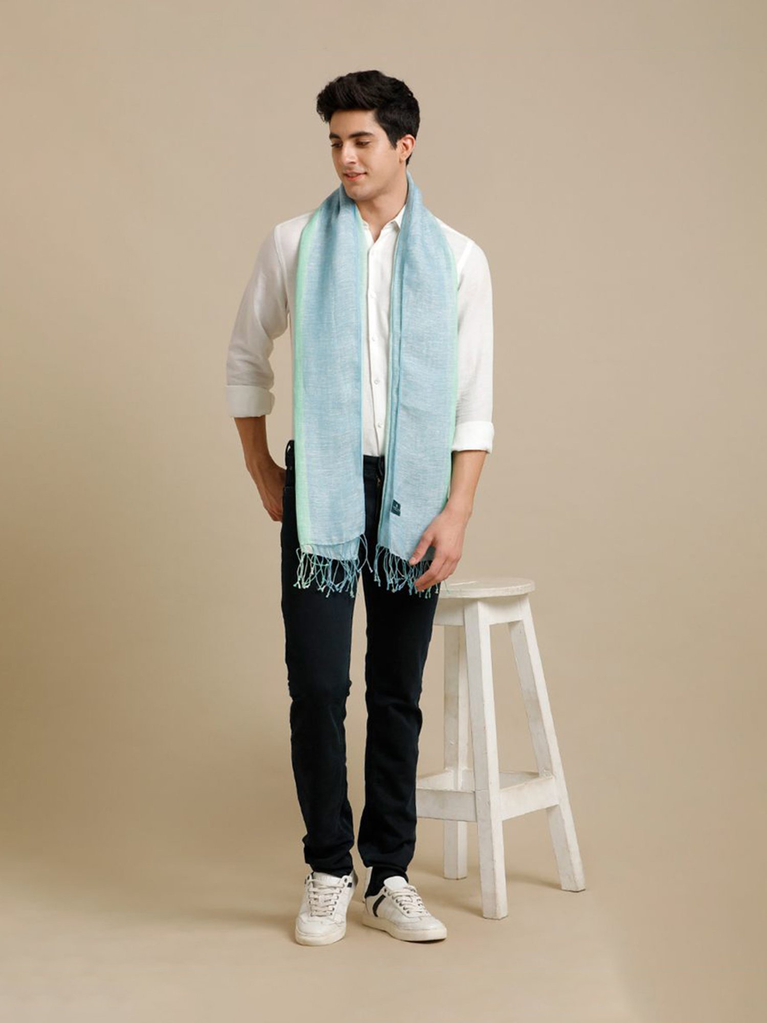 Linen Club Green Striped Pure Linen Stole