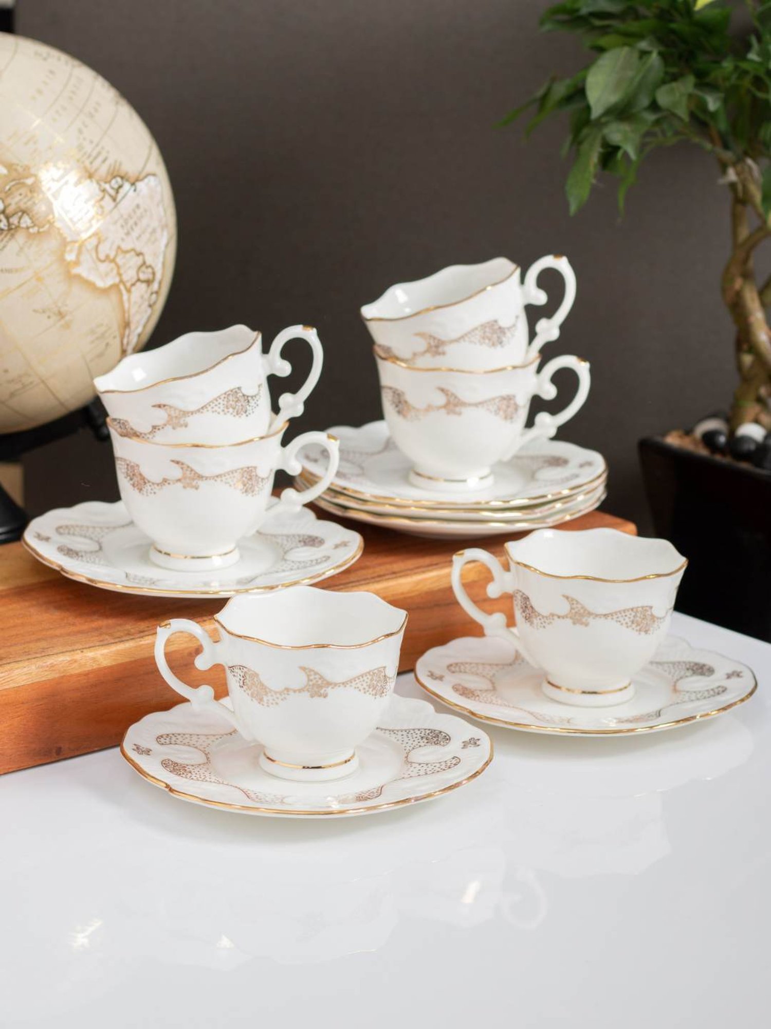 Clay Craft Colour White Line Fine Ceramic Cup Saucer Set of 12 ( 6 Cups + 6 Saucers) - 180 ml each