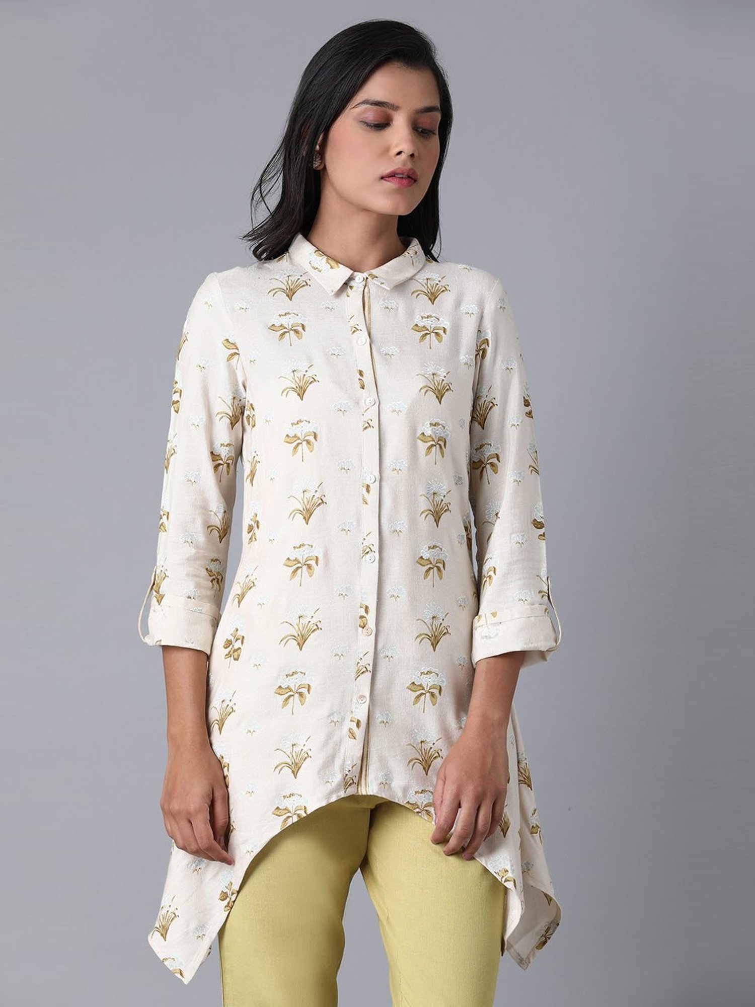 W Beige Shirt Collar Top