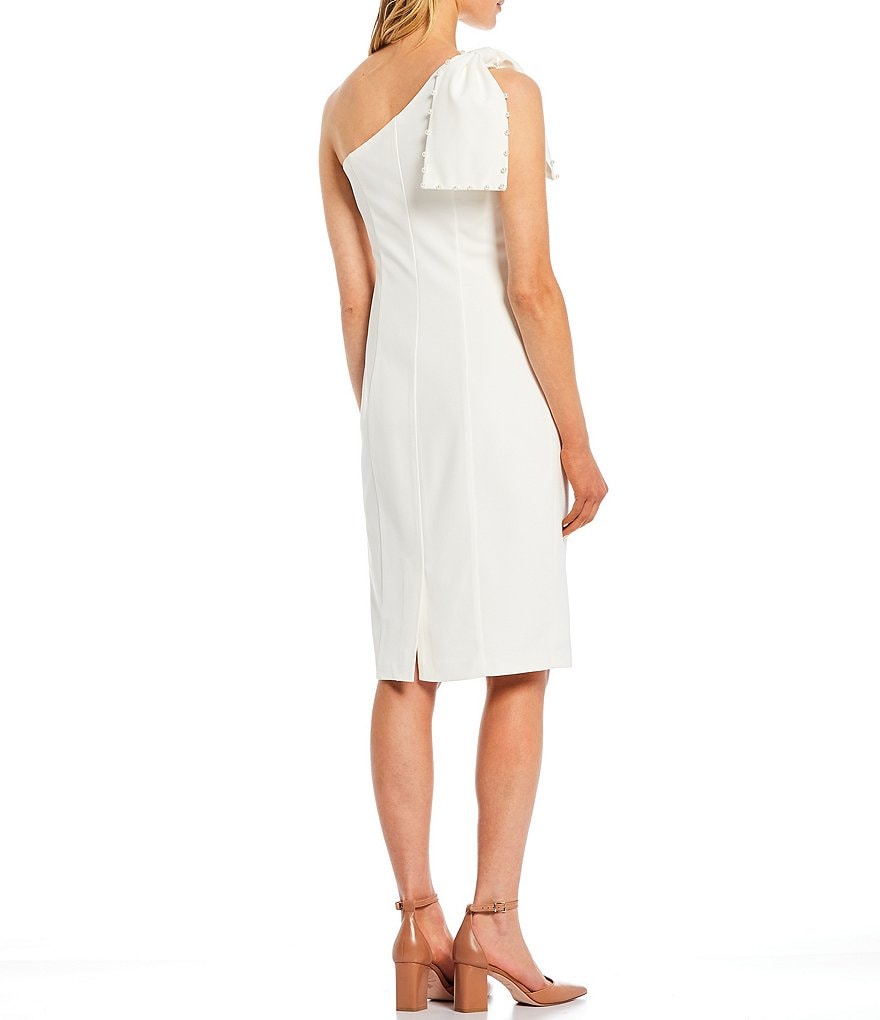 Eliza J Bow One Shoulder Sleeveless Asymmetrical Neck Pearl Trim Sheath Dress