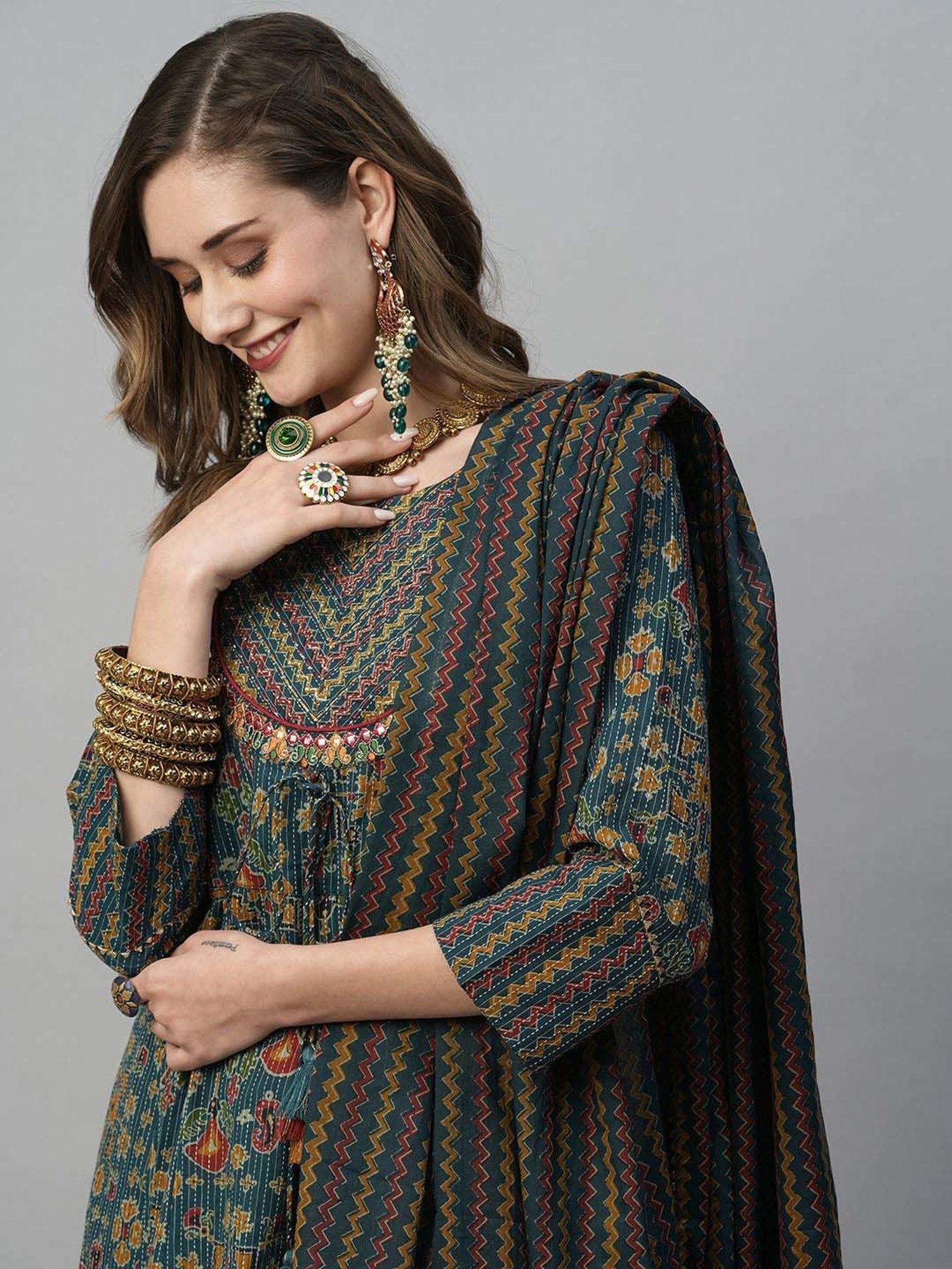 Heeposh Blue Cotton Printed Kurta Pant Set With Dupatta