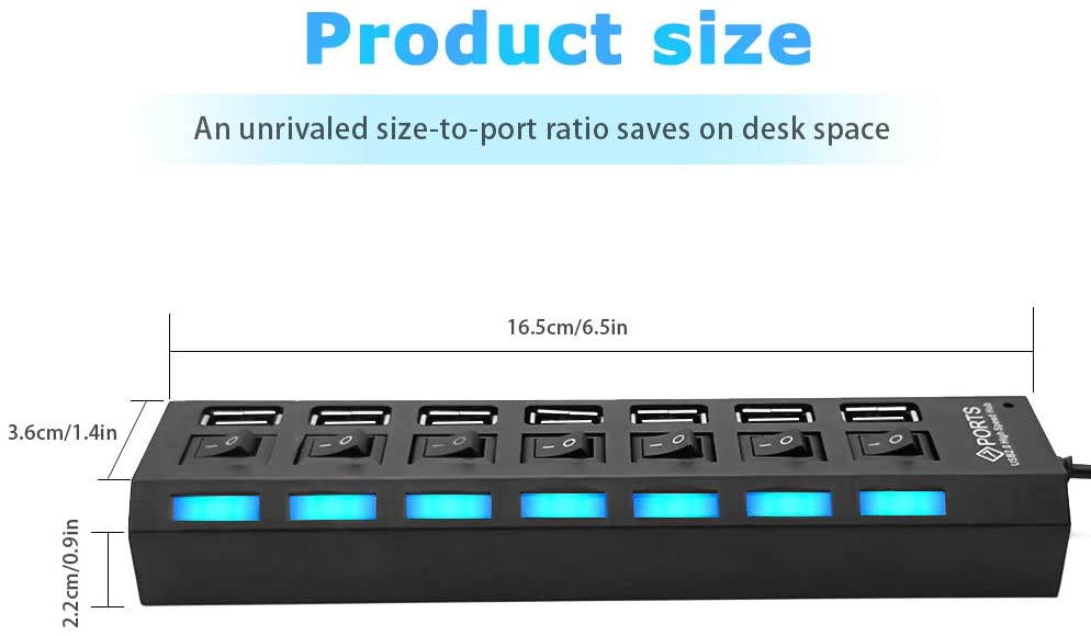 Multi Port USB Splitter, 7-Ports USB 2.0 Hub High Speed ON/Off Individual Switch with LEDs Compatible for All USB Device (7-Ports)