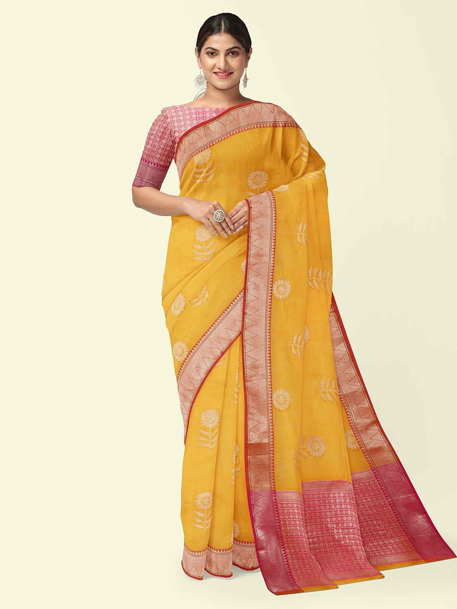 Banarasi Silk Works Yellow Cotton Woven Saree With Unstitched Blouse