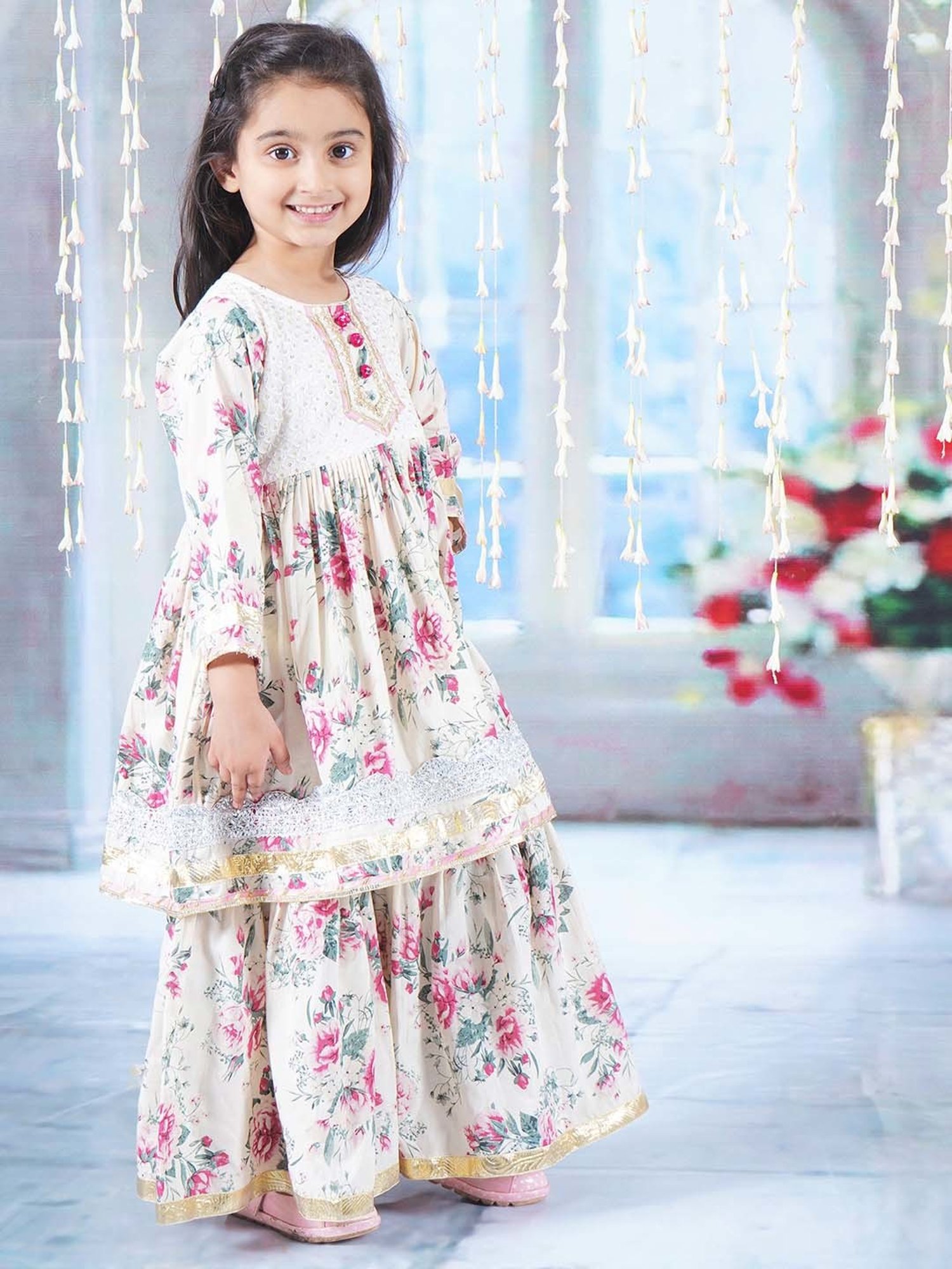 Little Bansi Cream & Pink Cotton Floral Print Kurta Set