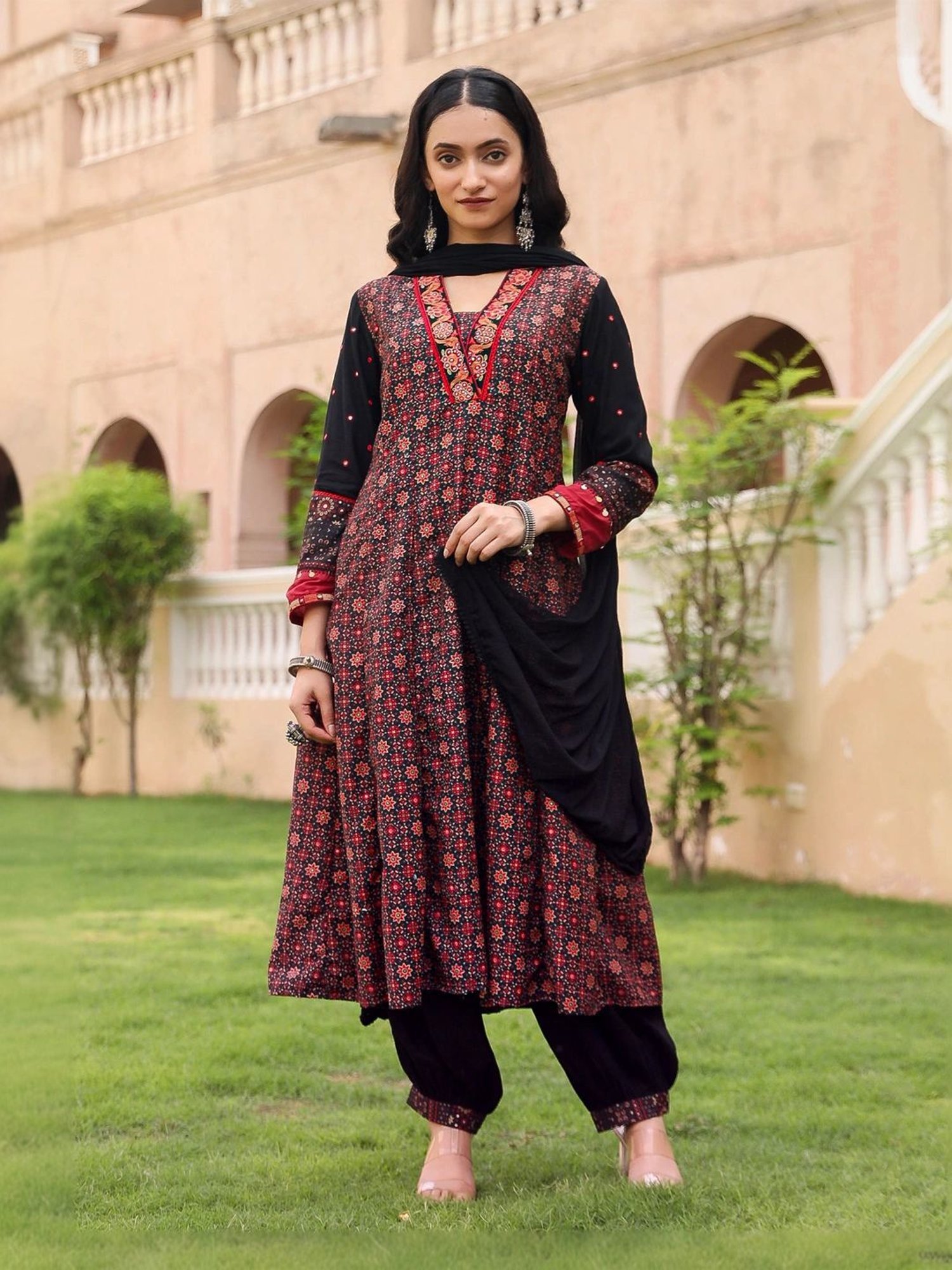 Juniper Black Cotton Embroidered Kurta Pant Set With Dupatta