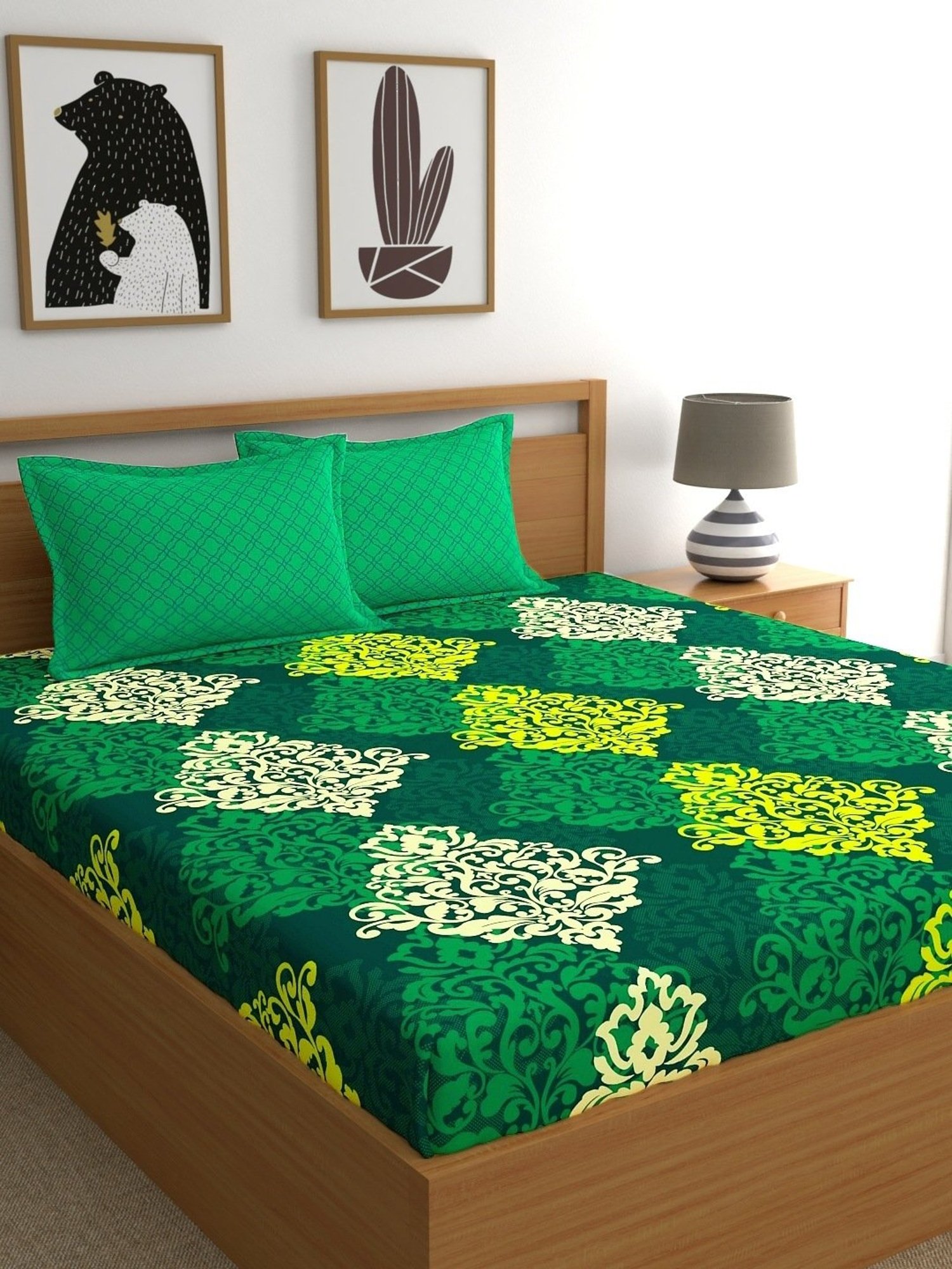 My Room Ethnic Green 140 TC Cotton Fitted King Bed Sheet with 2 Pillow Covers