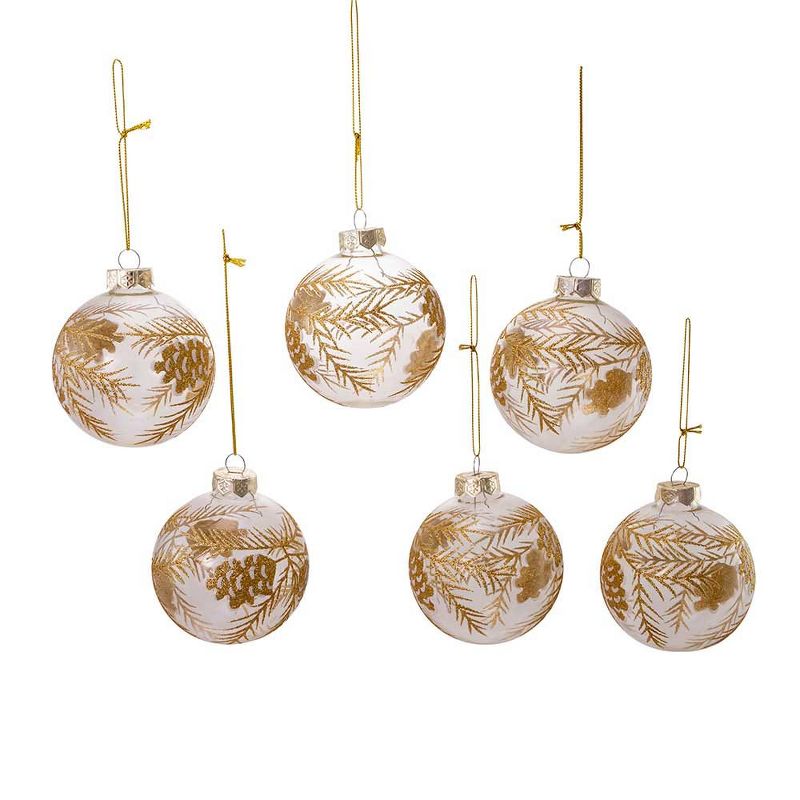 Kurt Adler 80MM Clear with Gold Pinecones Glass Ball Ornaments, 6-Piece Set