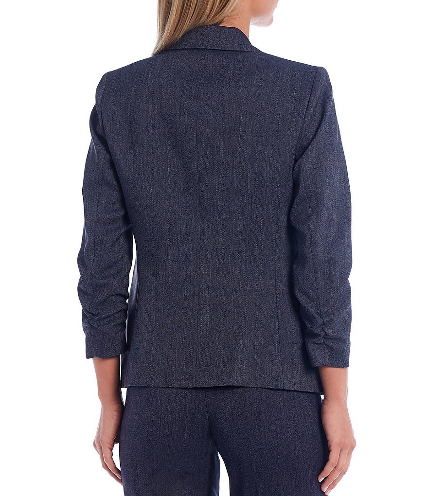 Kasper Ruched Sleeve Zip Pocket One Button Two Way Stretch Denim Jacket